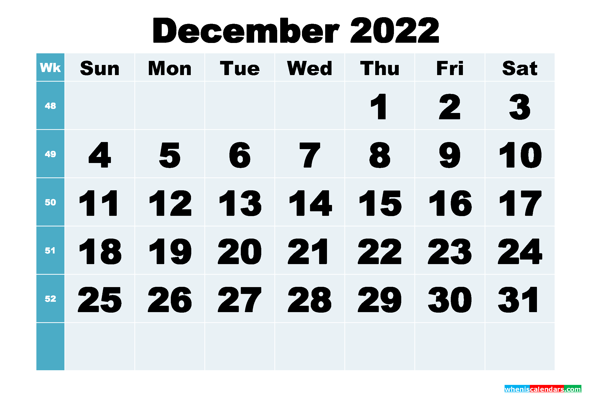 Printable Week Calendar December 2022