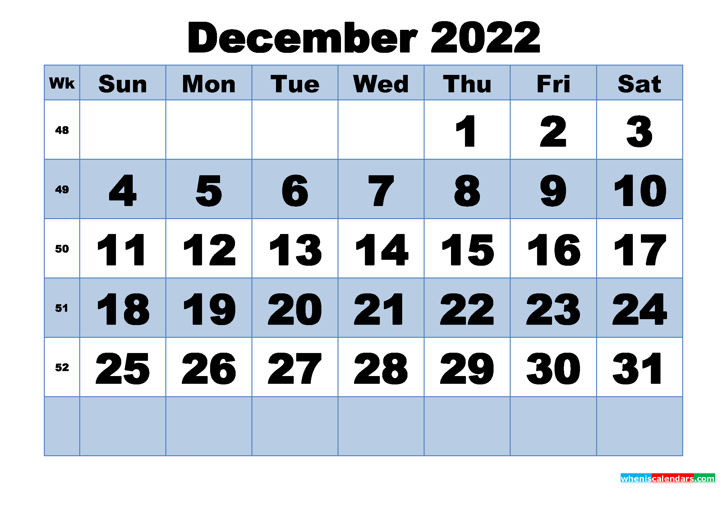 Free Printable December 2022 Calendar with Week Numbers