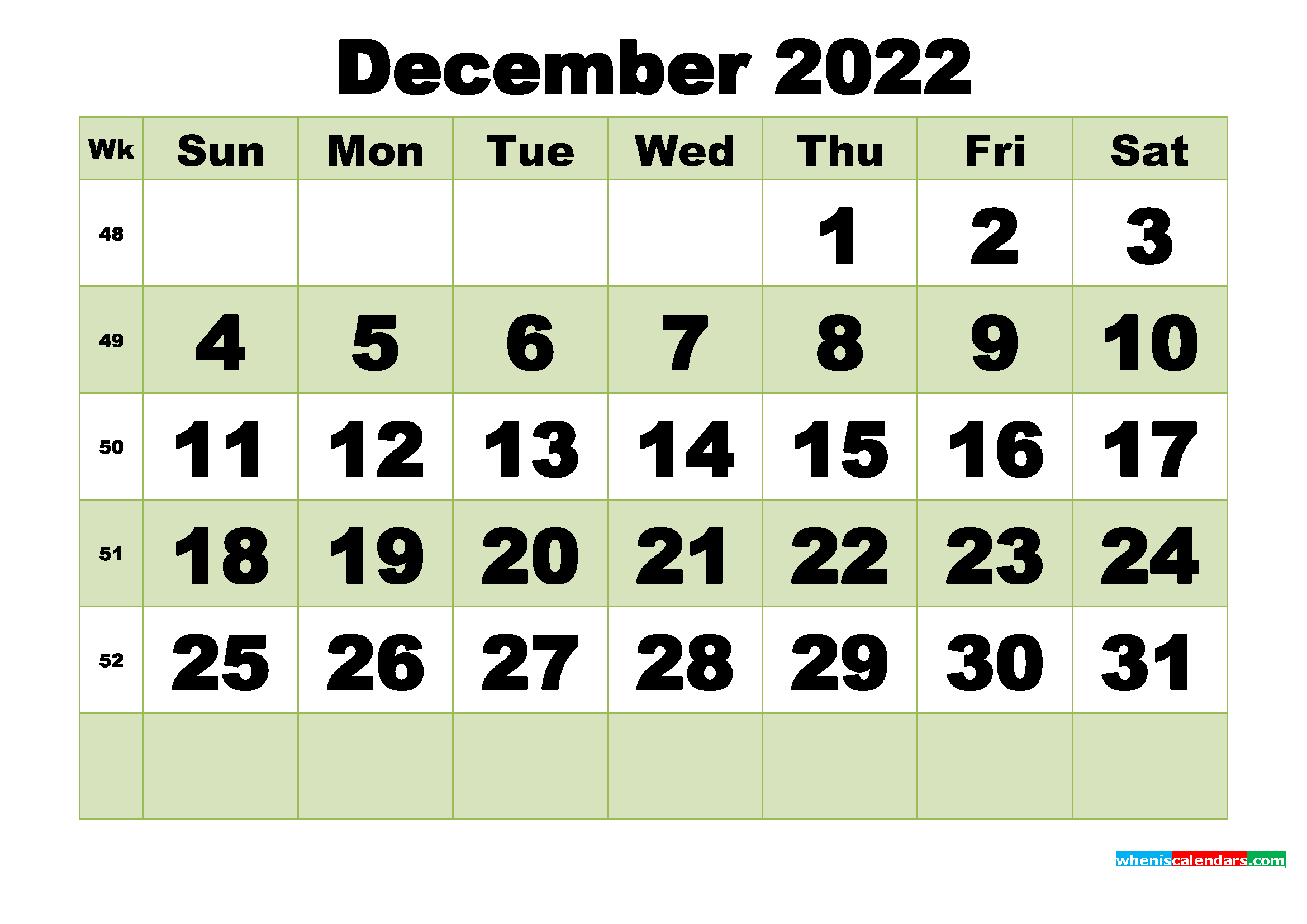 December 2022 Printable Calendar Template
