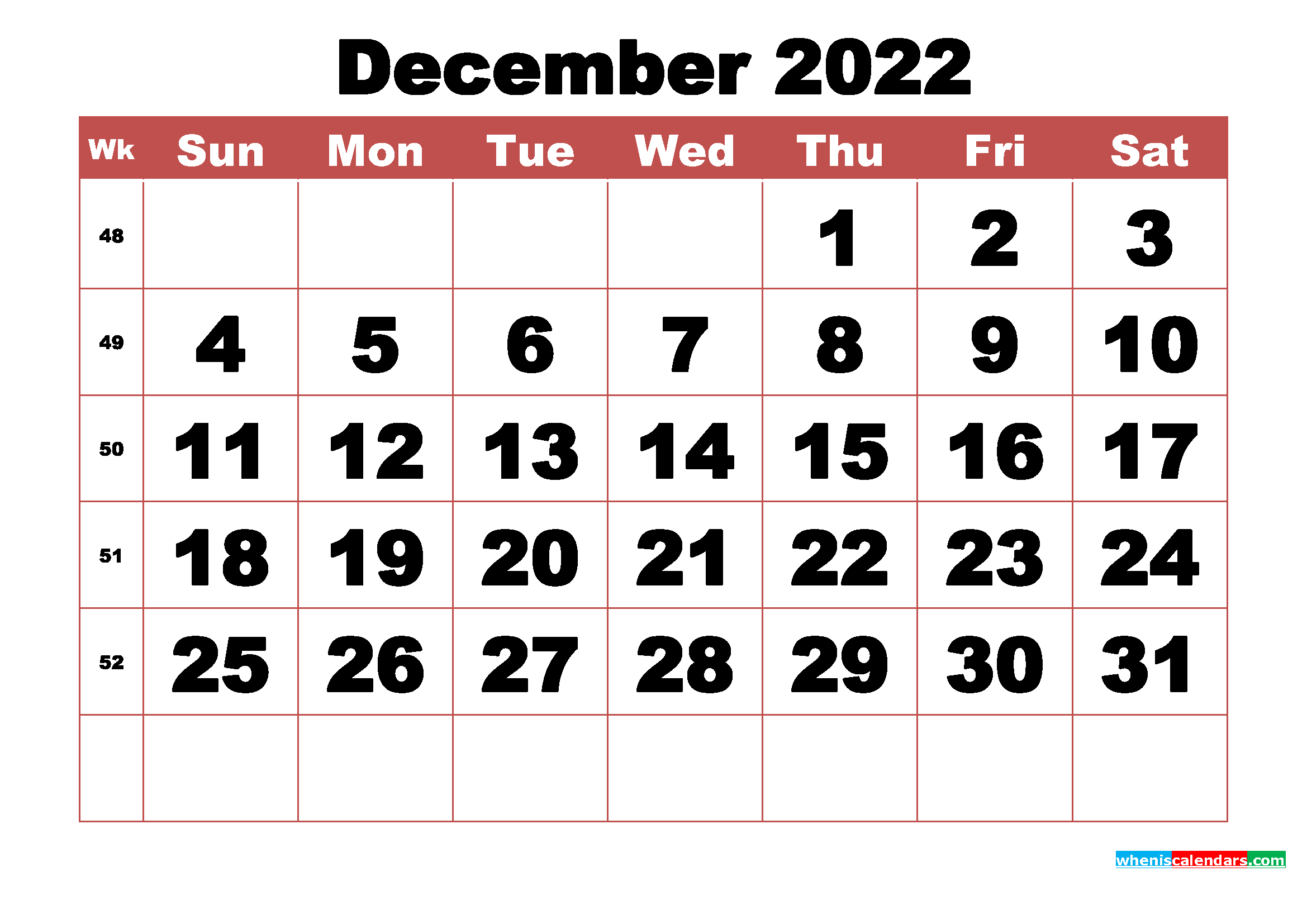 Free Printable December 2022 Calendar with Week Numbers