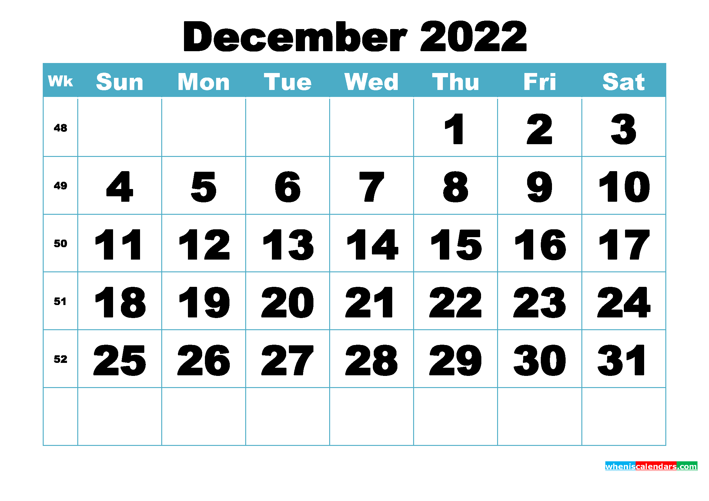Free December 2022 Printable Monthly Calendar Template