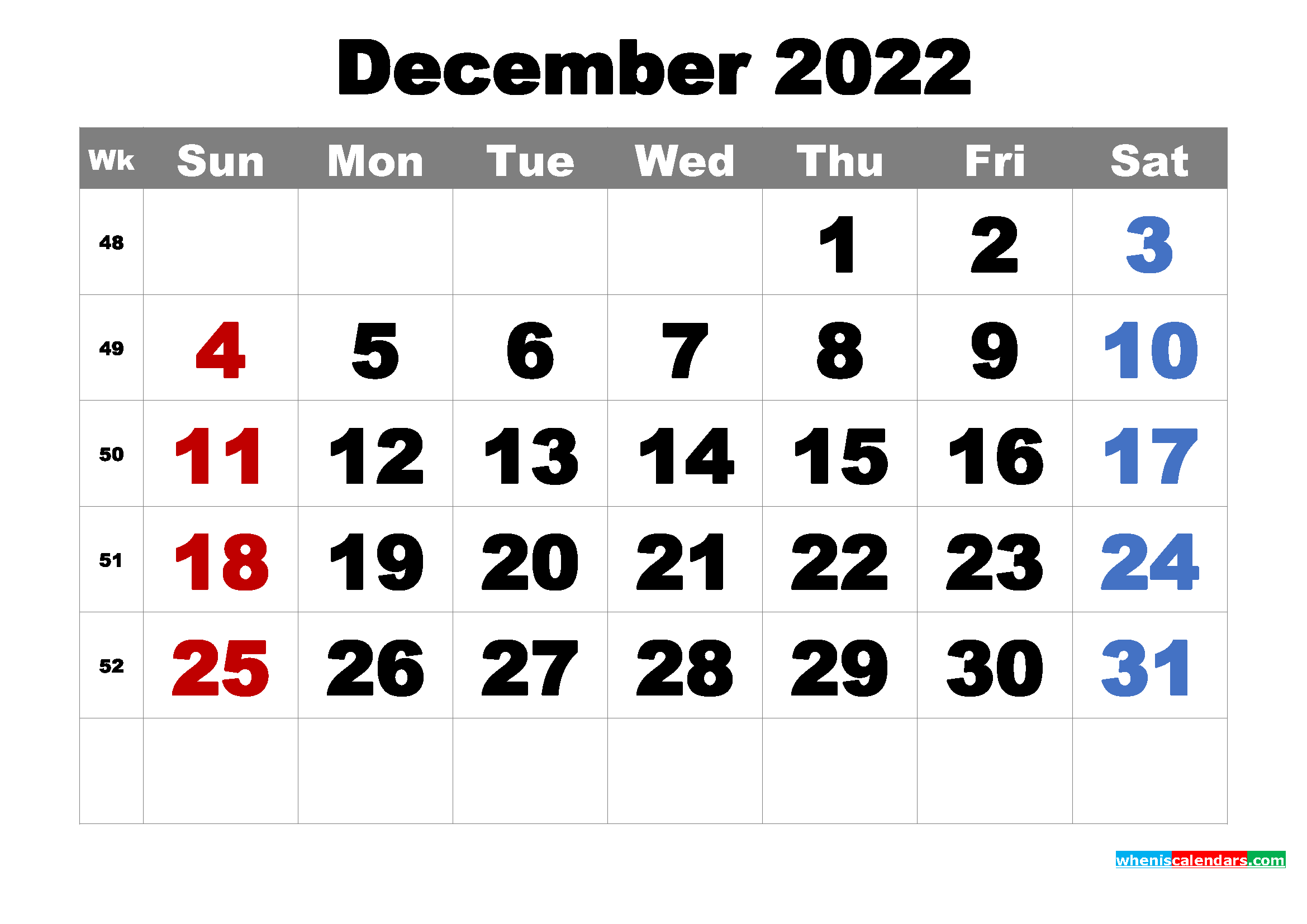 Free Printable December 2022 Calendar Word, PDF, Image