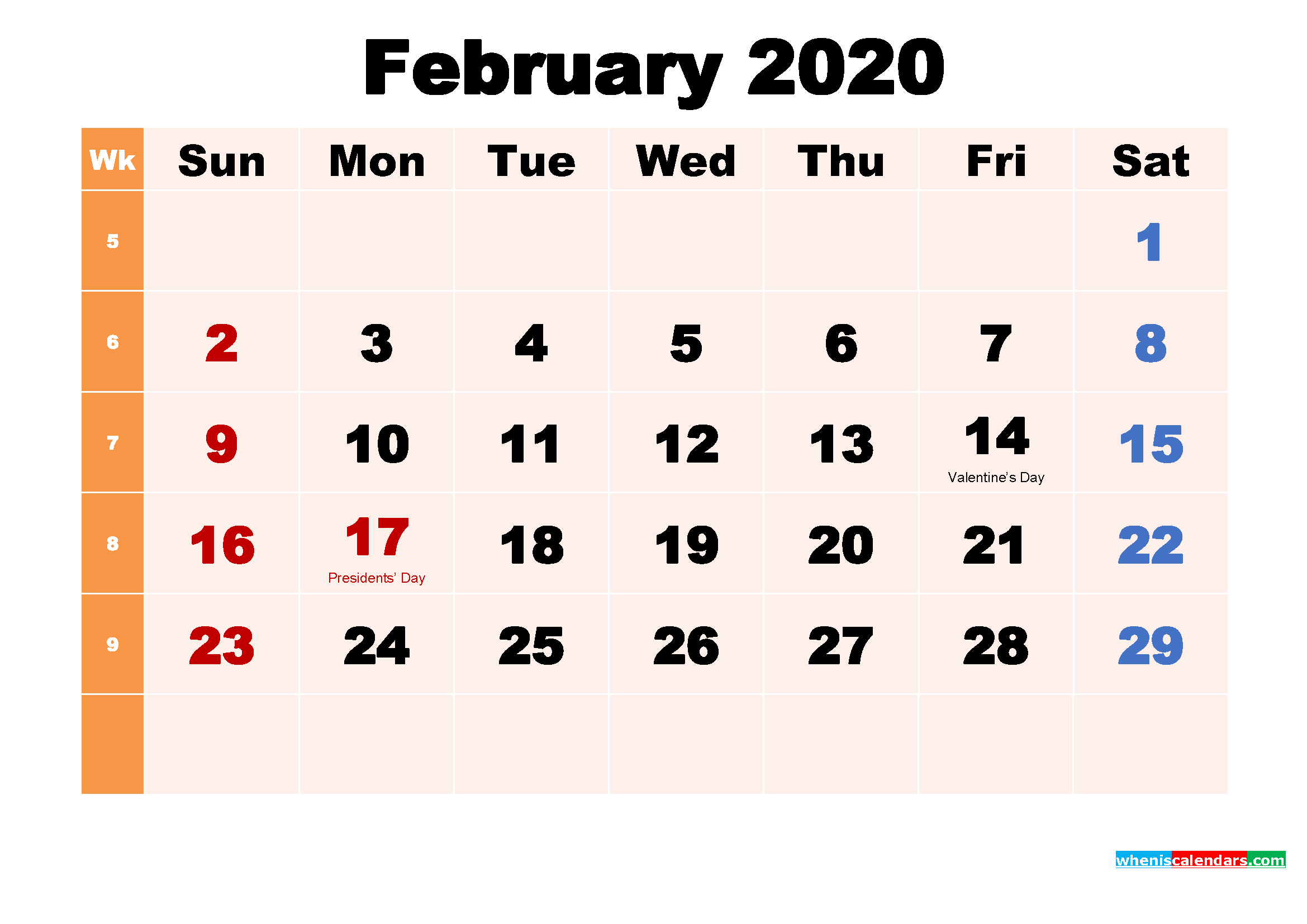 February 2020 Printable Calendar with Holidays Word, PDF