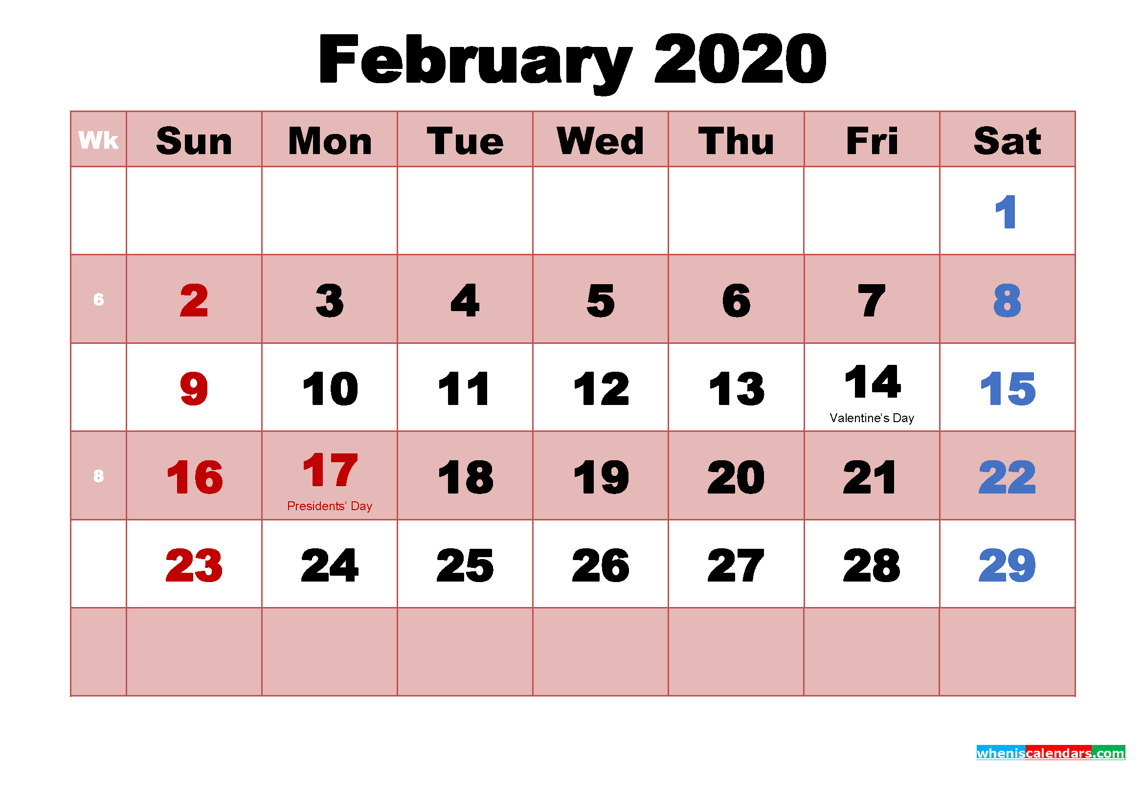 February 2020 Printable Monthly Calendar with Holidays