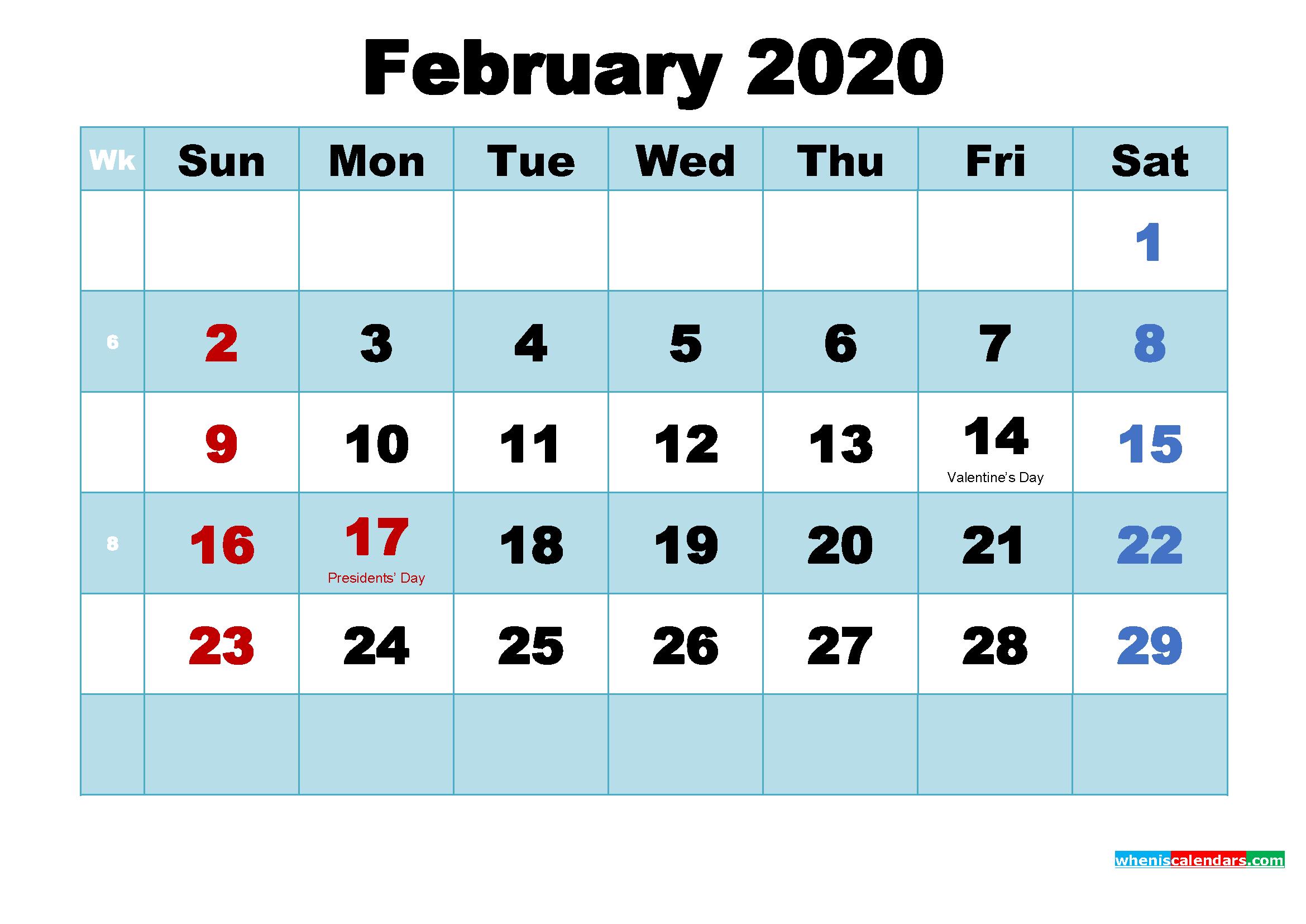 Free Printable February 2020 Calendar with Holidays as Word, PDF
