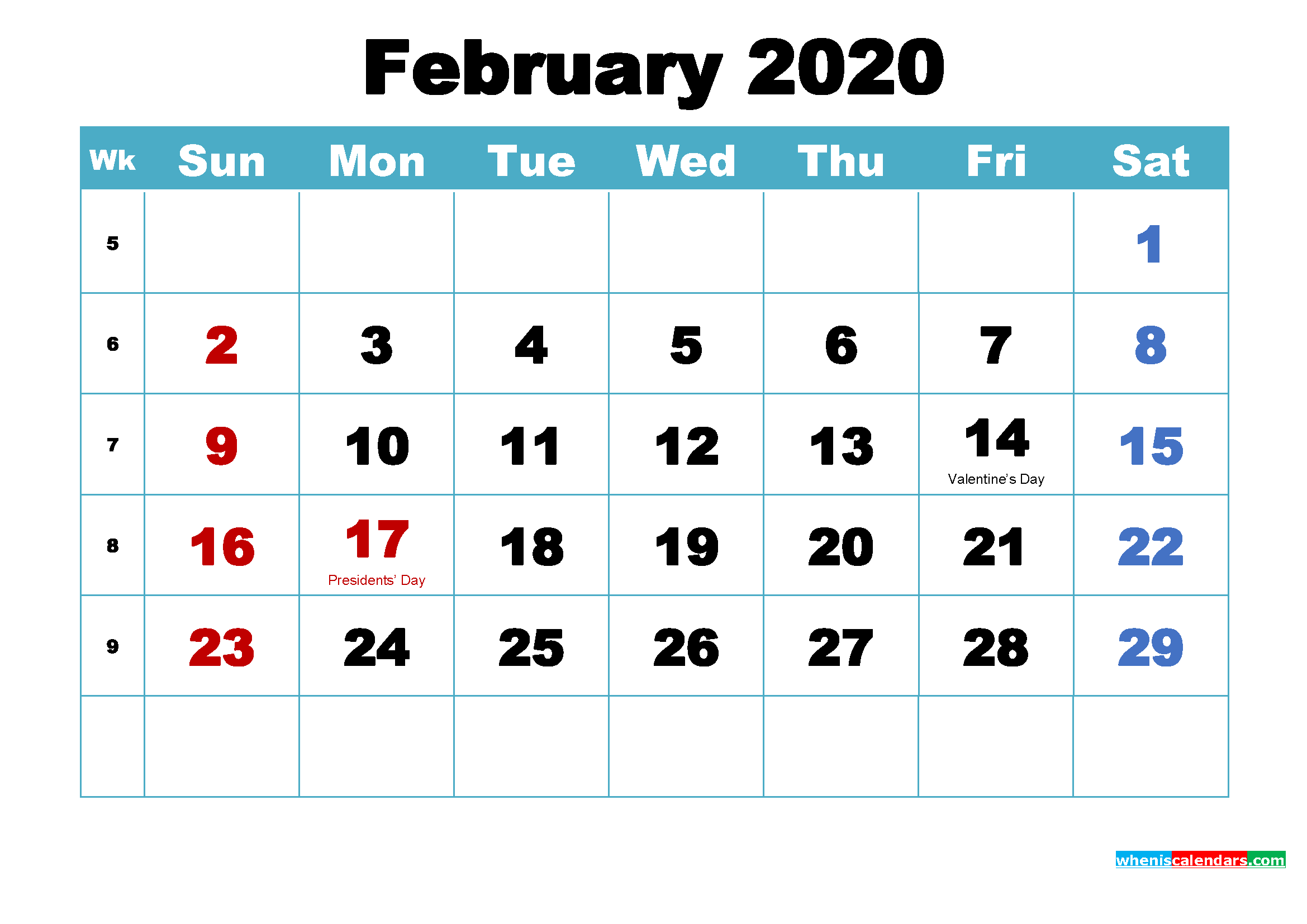 Free Printable 2020 Calendar February as Word, PDF