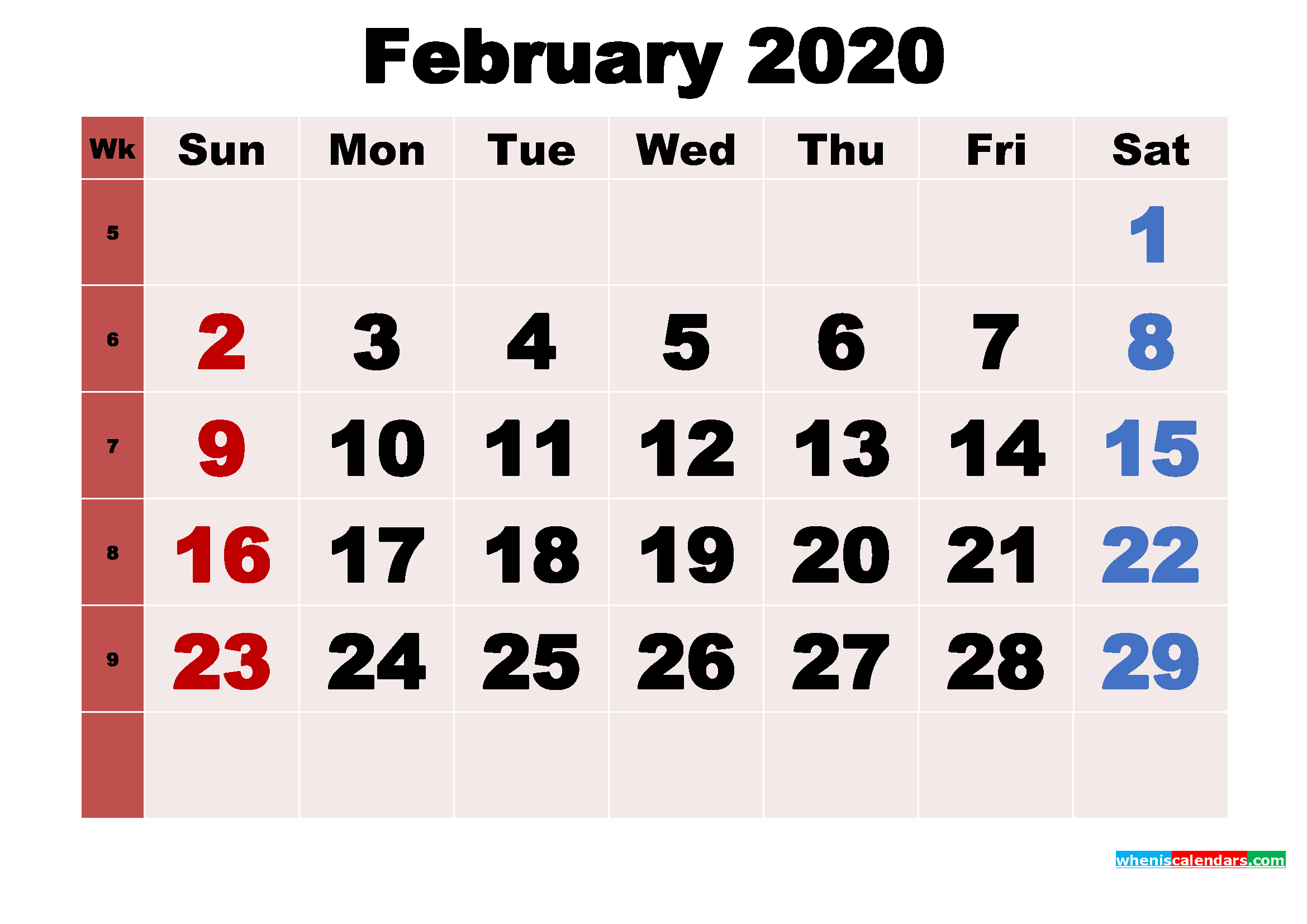 Free Printable Monthly Calendar February 2020