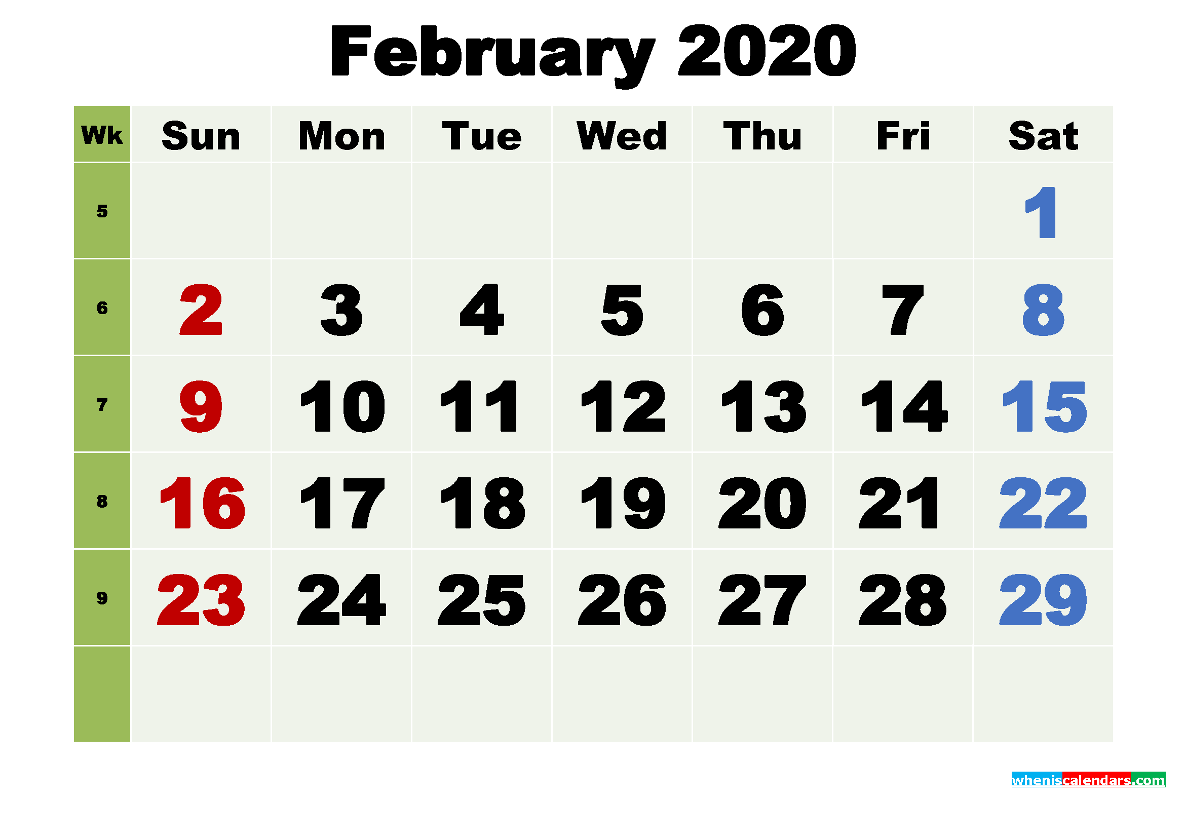 February 2020 Printable Calendar Template