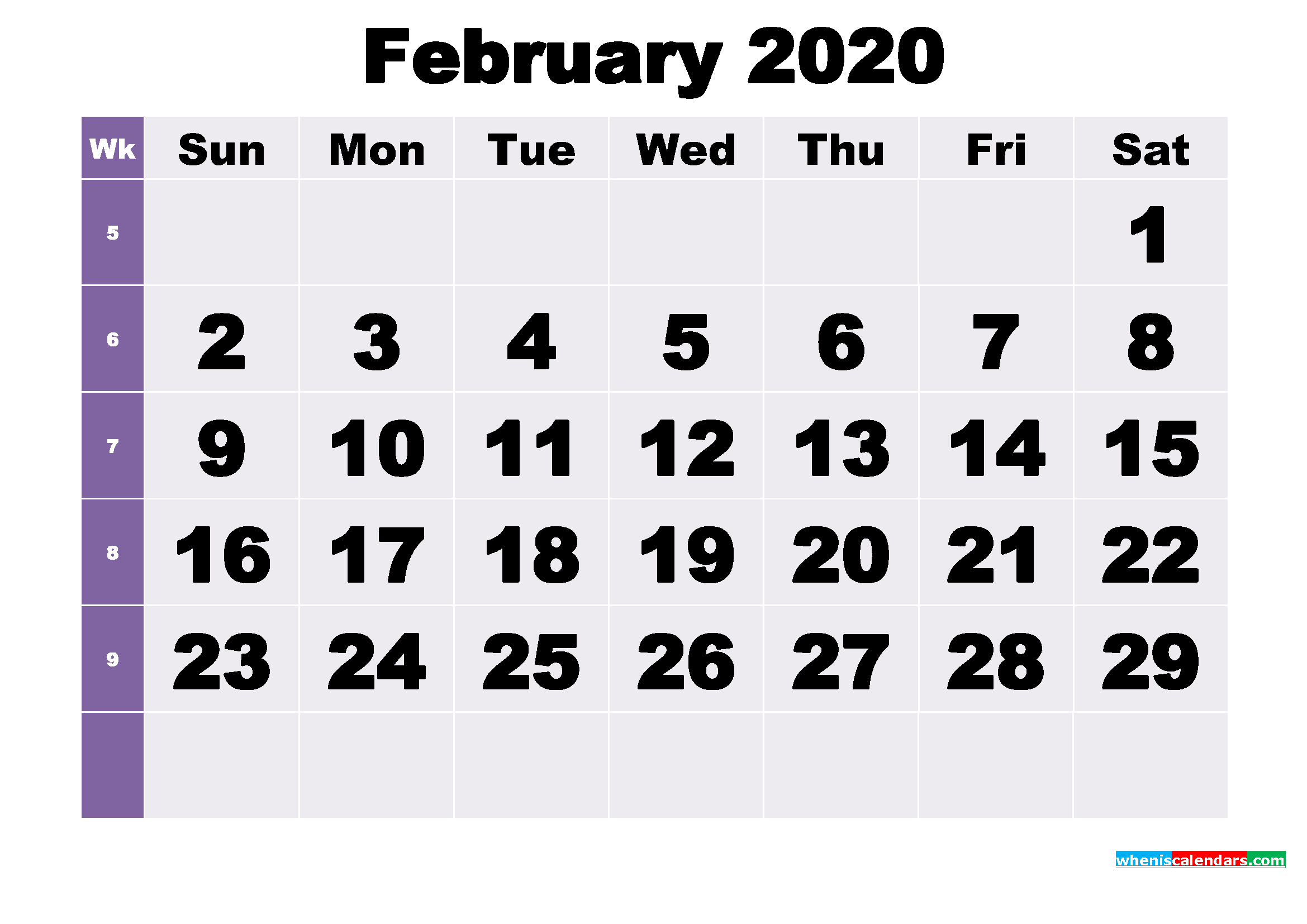 Free February 2020 Printable Monthly Calendar Template