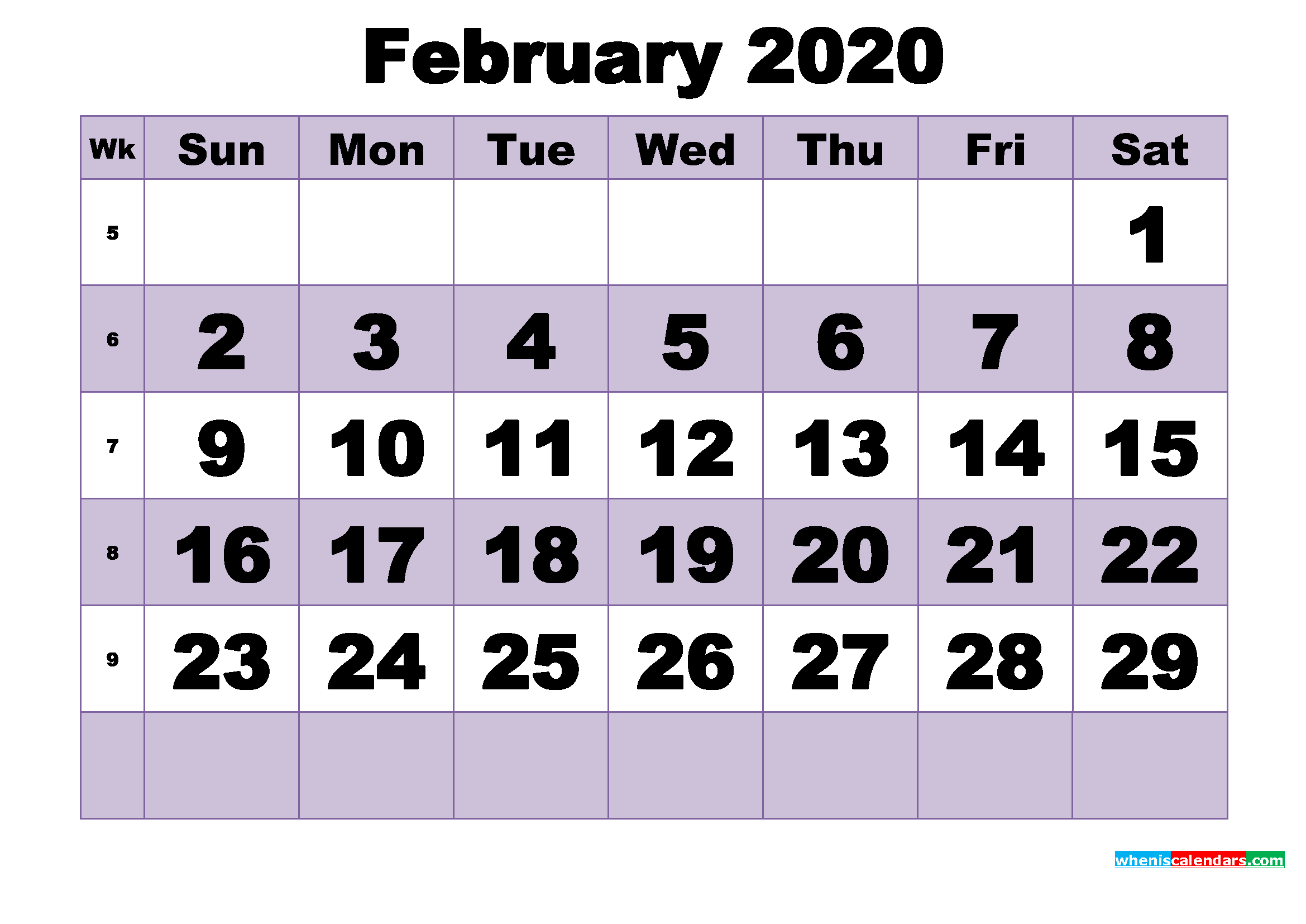 Free February 2020 Printable Monthly Calendar Template