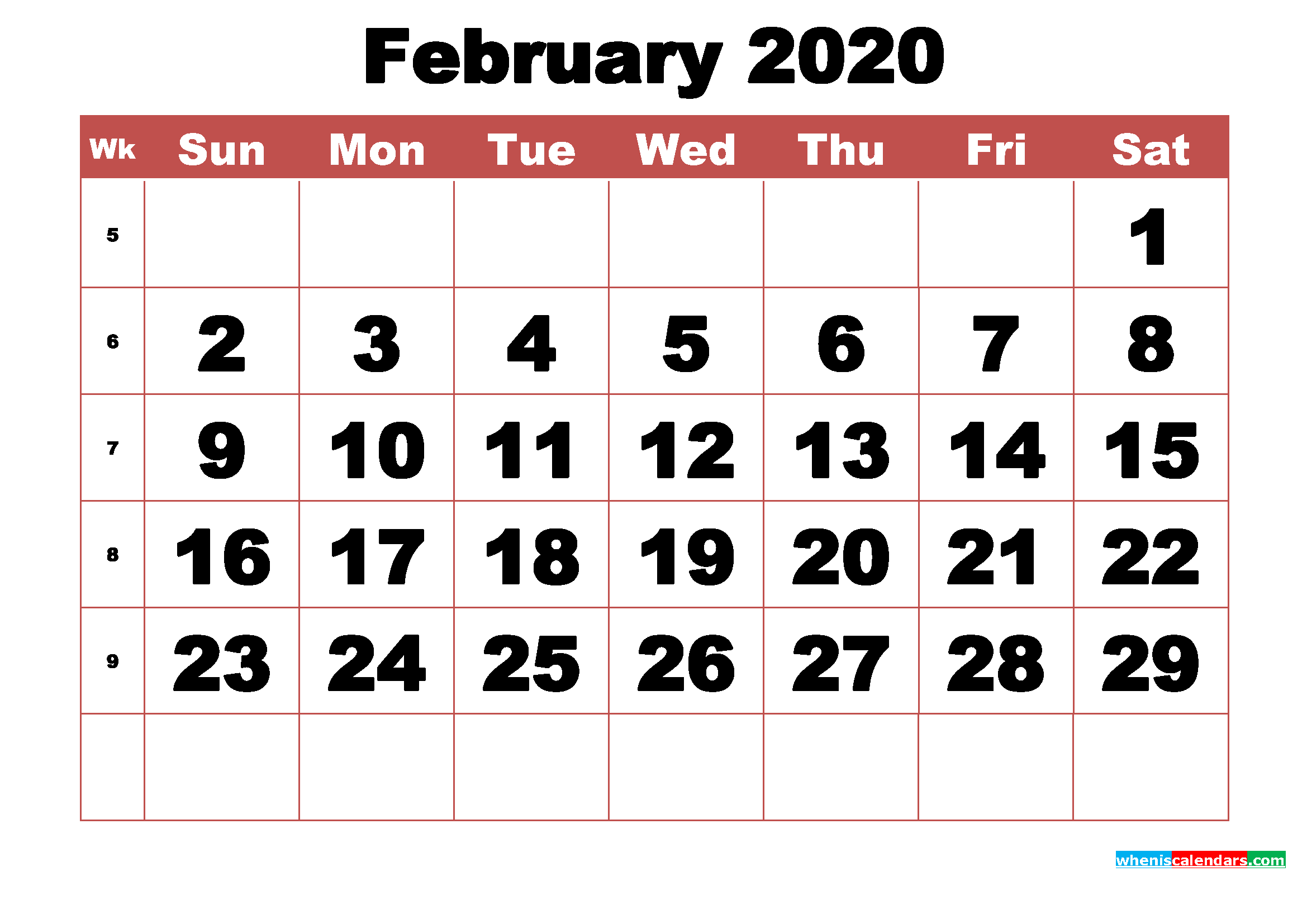 Free Printable February 2020 Calendar With Week Numbers