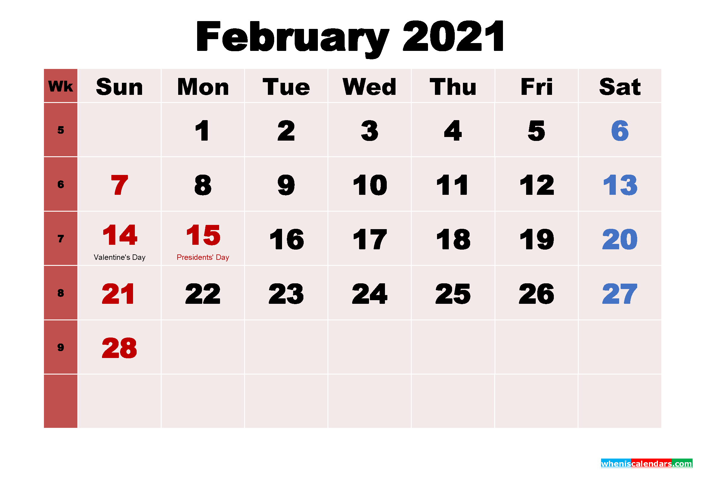 Free Printable February 2021 Calendar with Holidays as Word, PDF