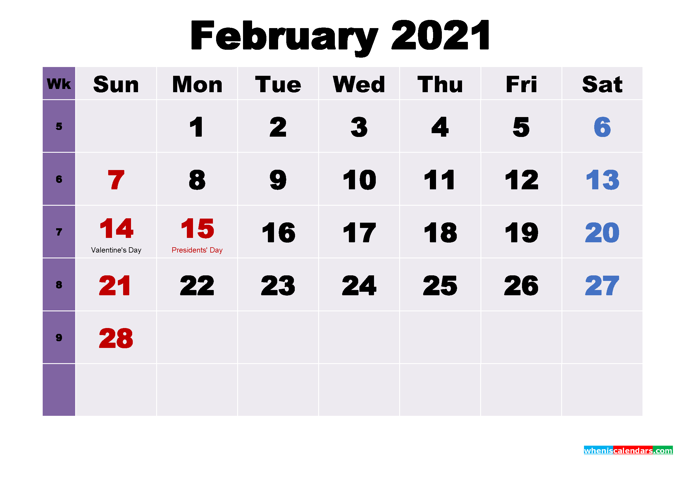 Printable February 2021 Calendar with Holidays Word, PDF