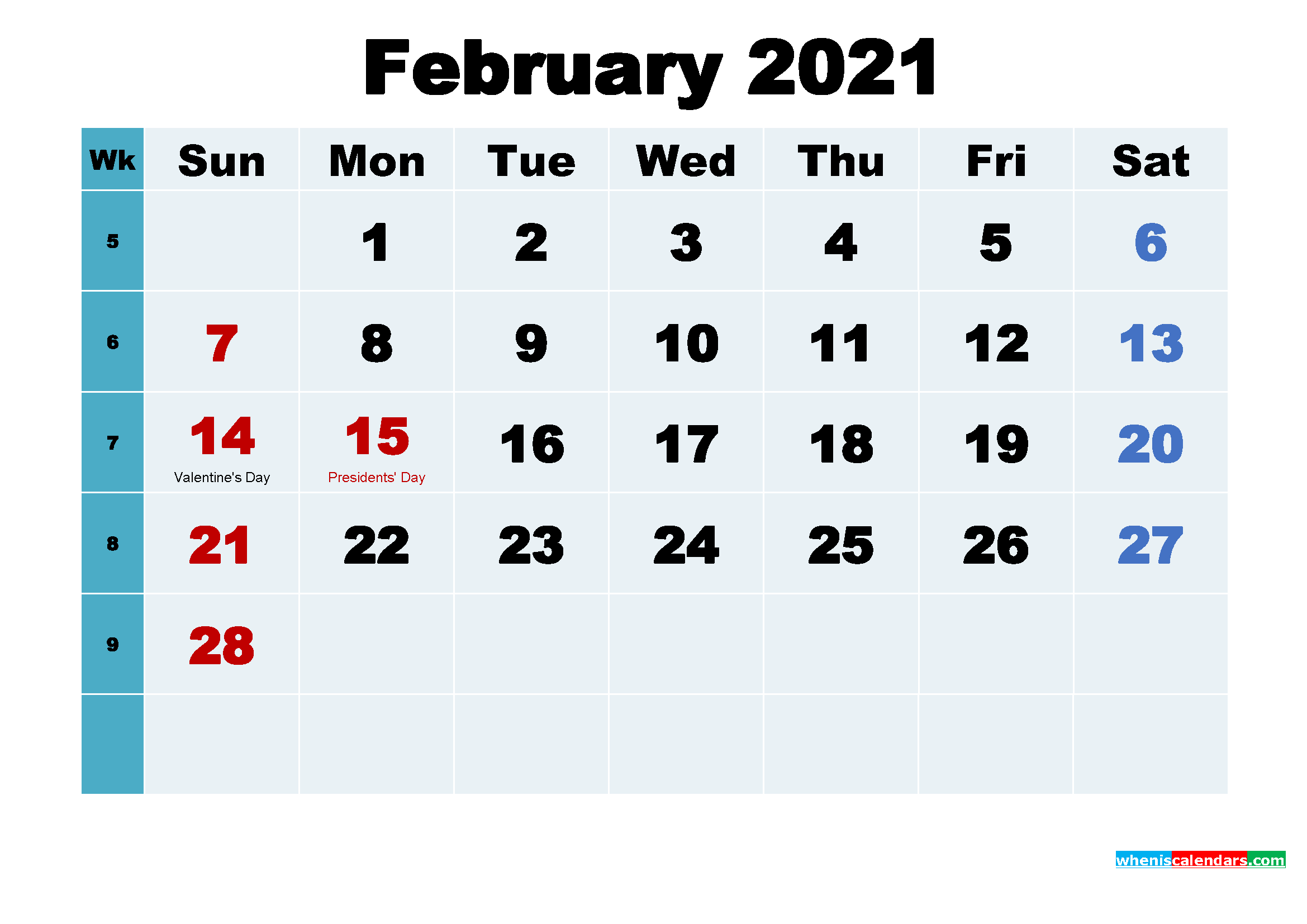 Free February 2021 Printable Calendar with Holidays