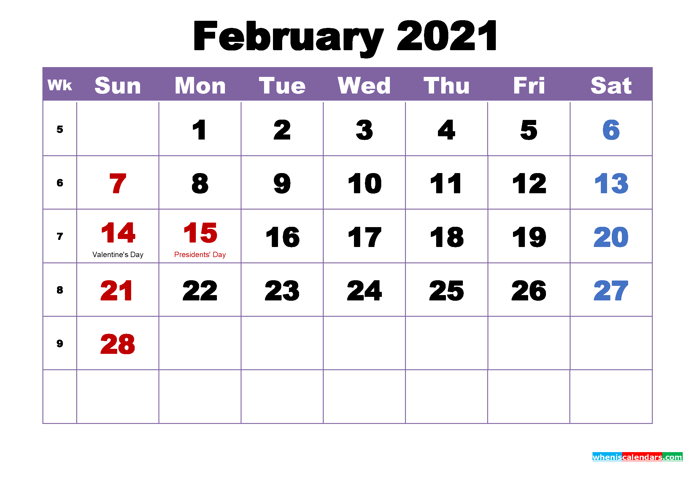 February 2021 Printable Calendar with Holidays Word, PDF