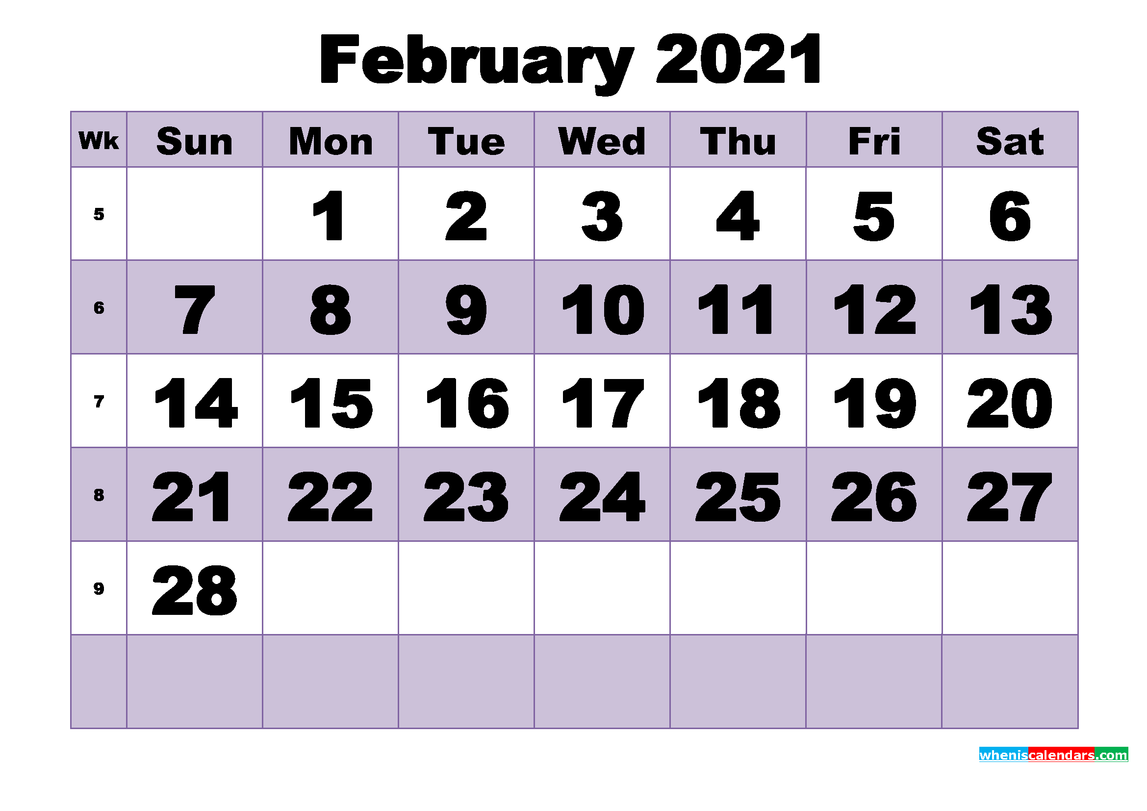 Free February 2021 Printable Monthly Calendar Template