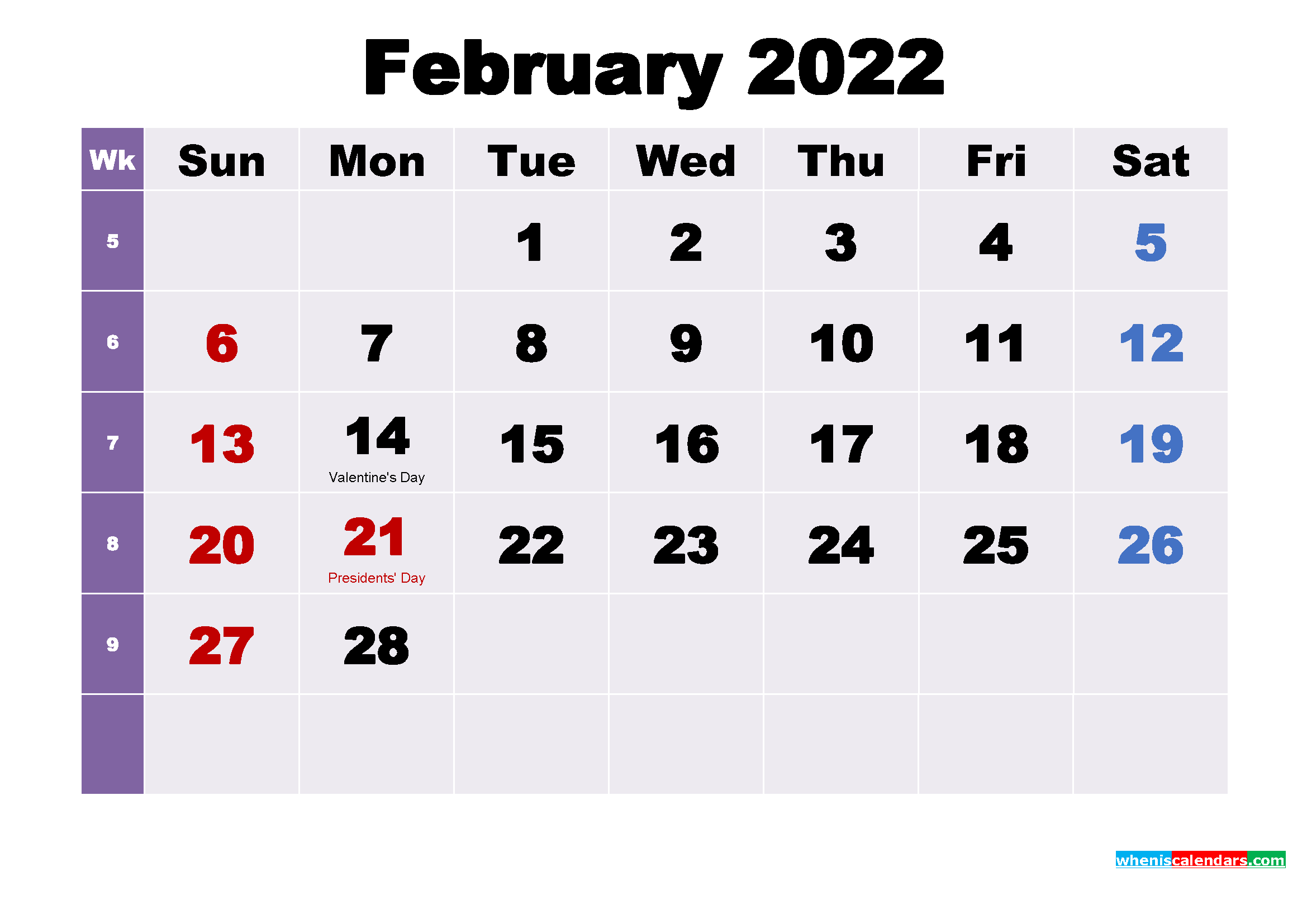 Printable February 2022 Calendar with Holidays Word, PDF