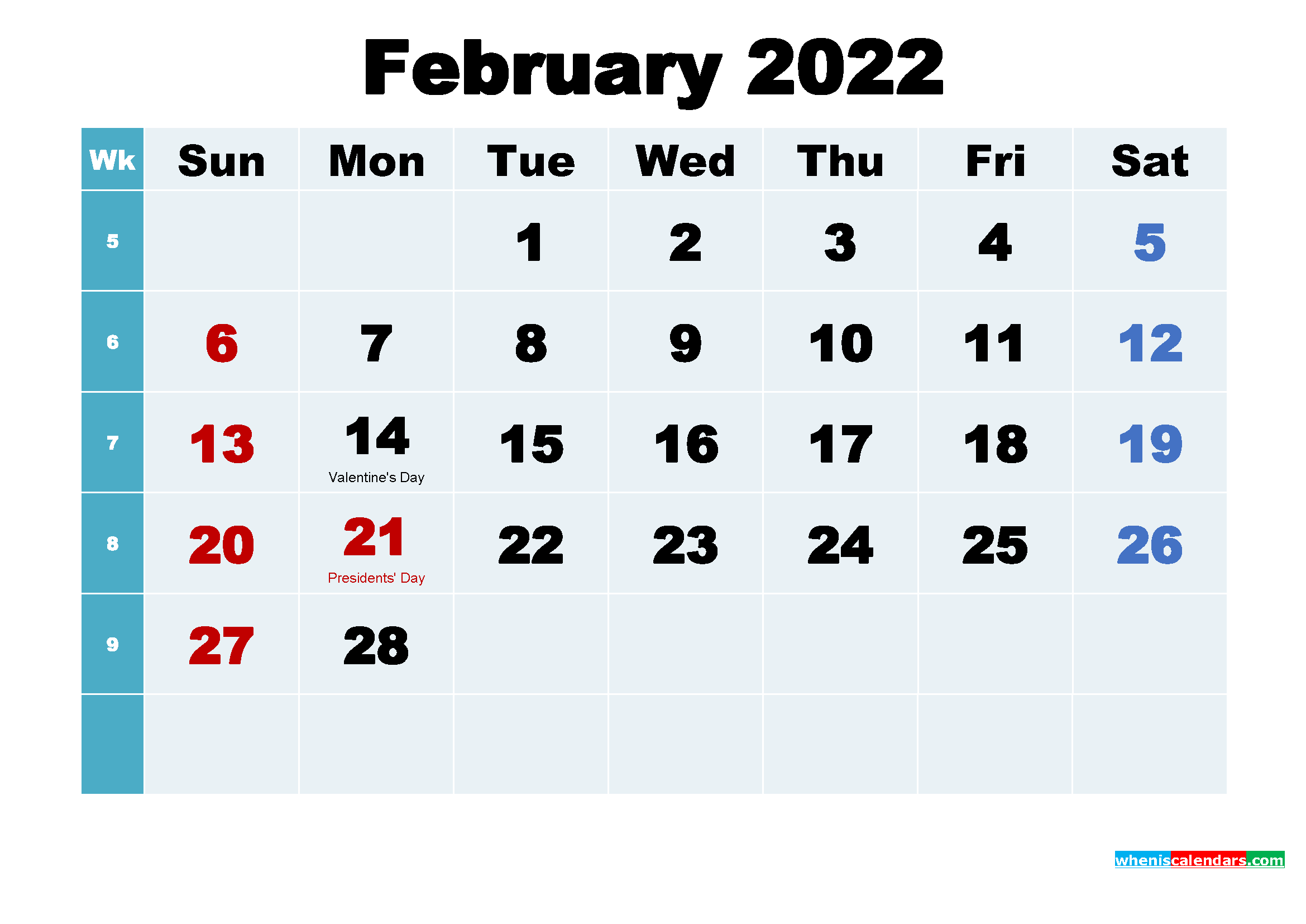 Free February 2022 Printable Calendar with Holidays