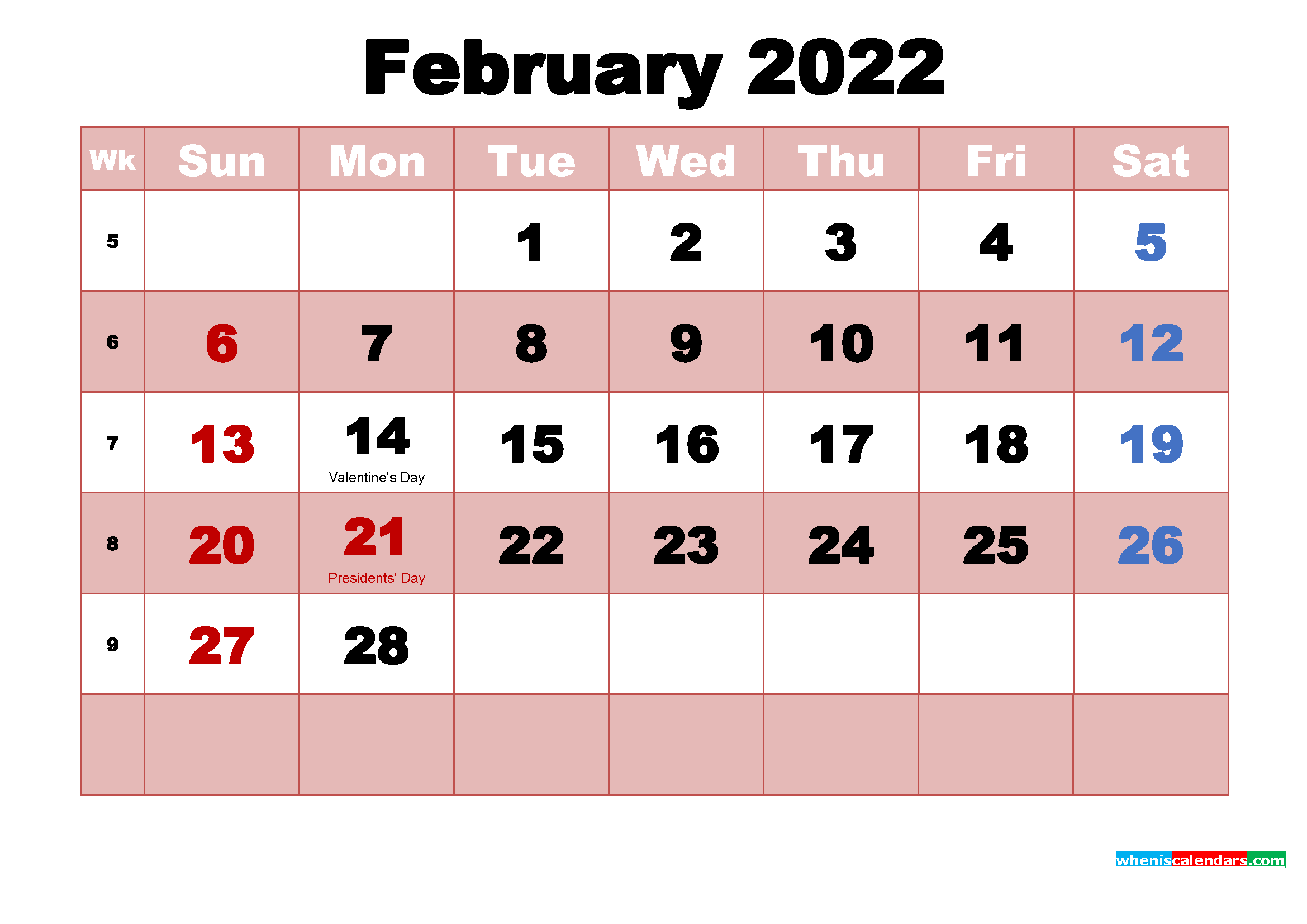 February 2022 Printable Monthly Calendar with Holidays