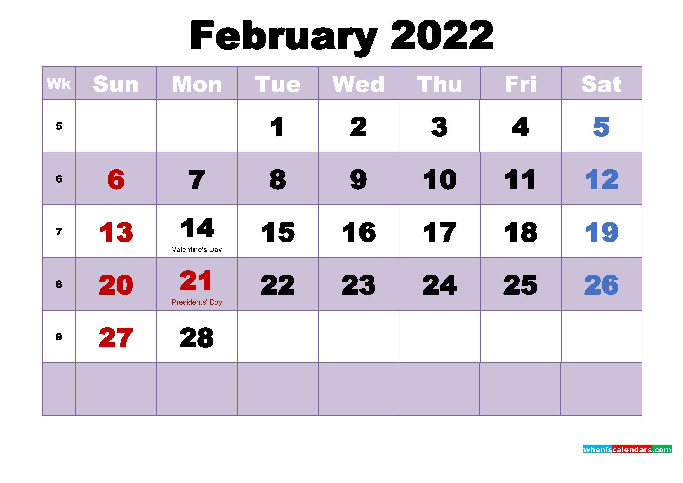 Free 2022 Printable Calendar February as Word, PDF