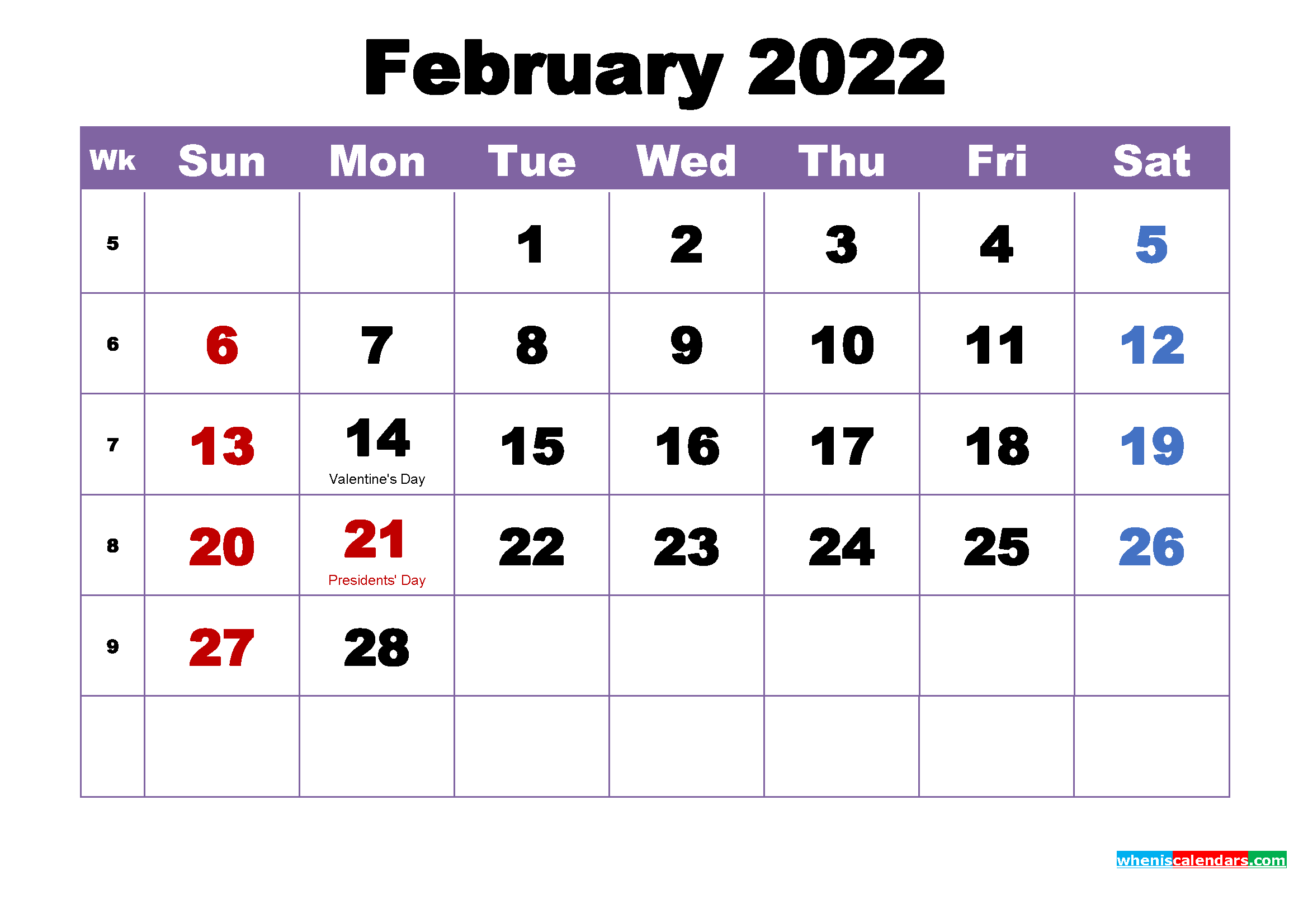 February 2022 Printable Calendar with Holidays Word, PDF