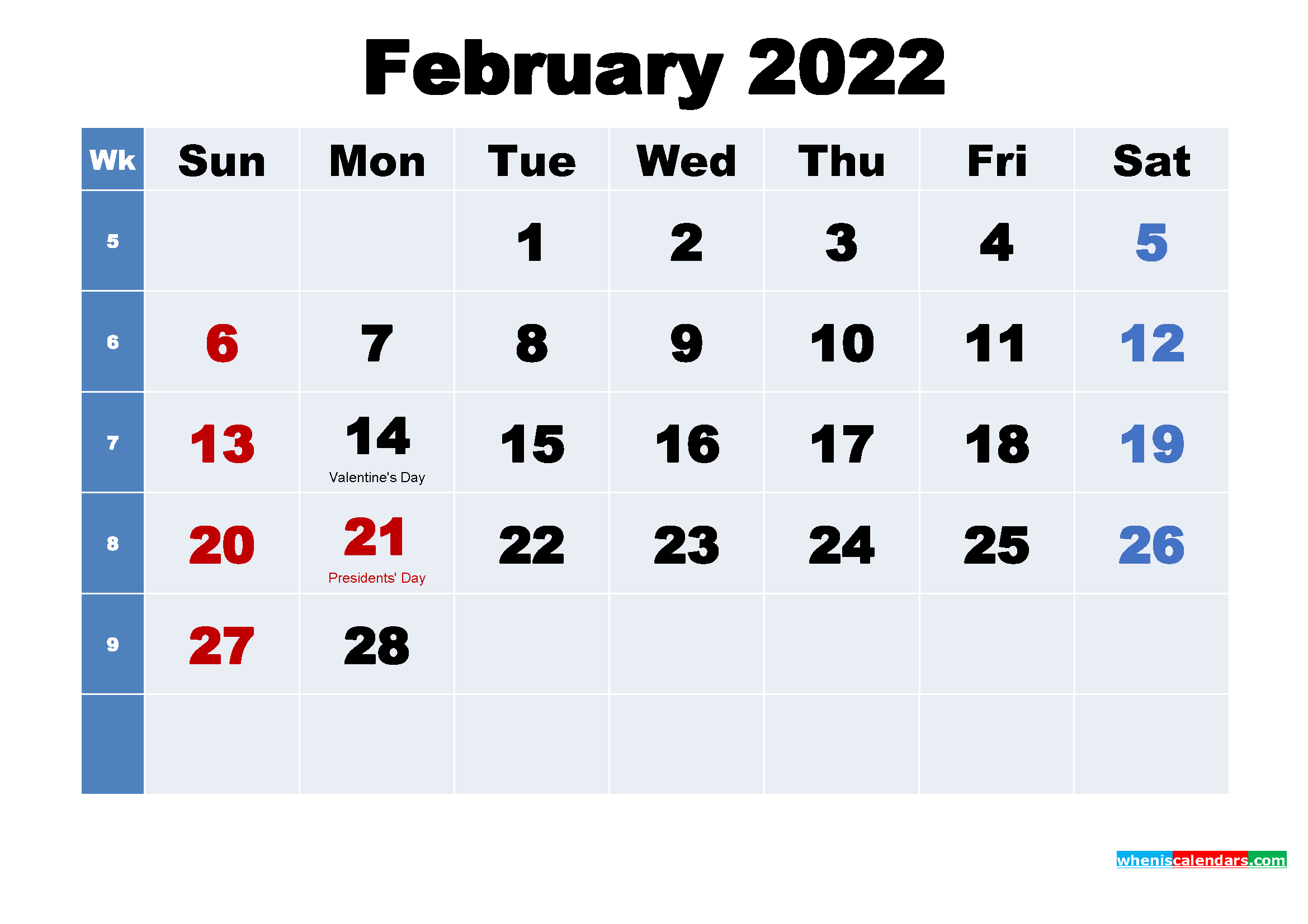 Free 2022 Printable Calendar February as Word, PDF