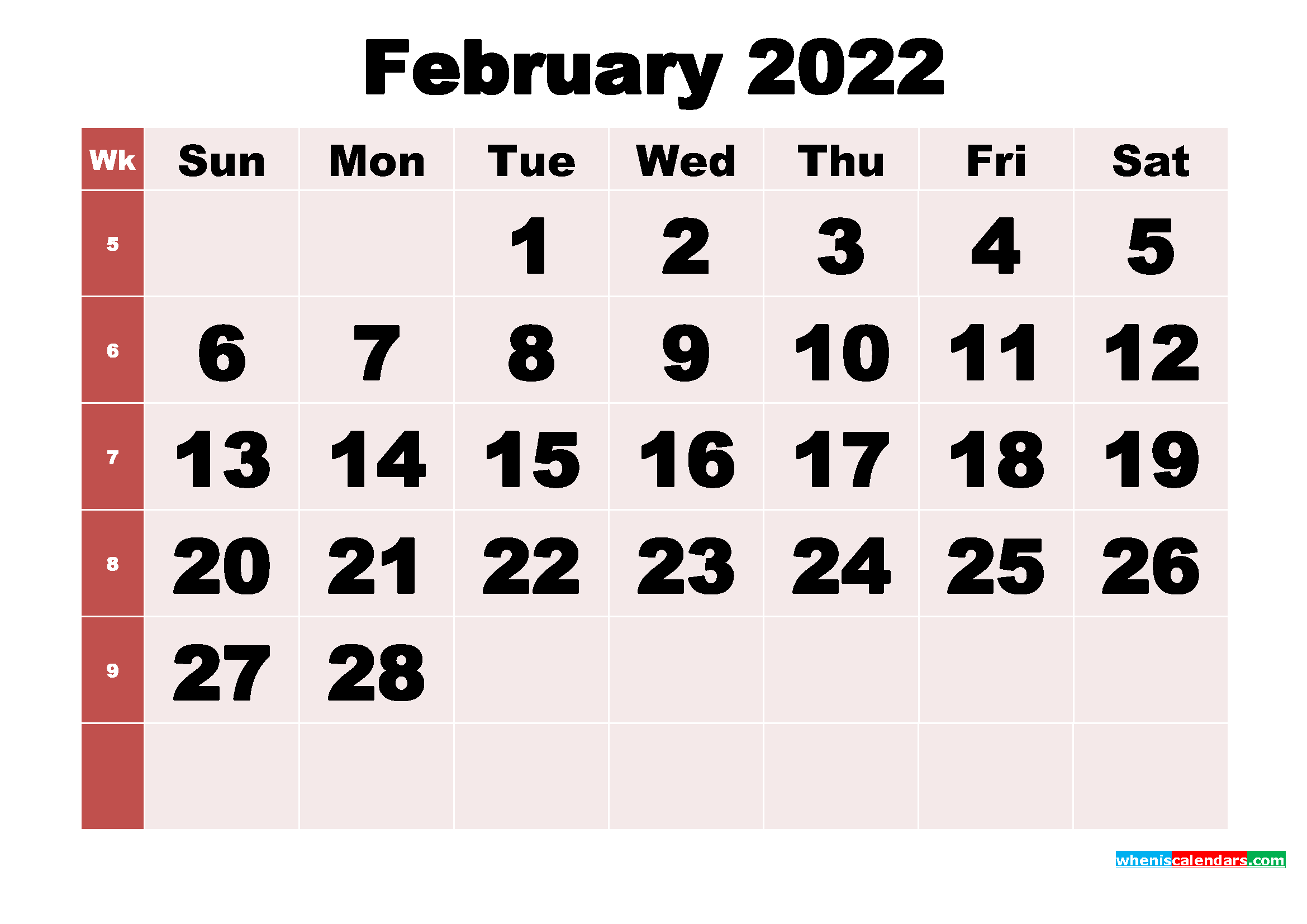 Free Printable Monthly Calendar February 2022