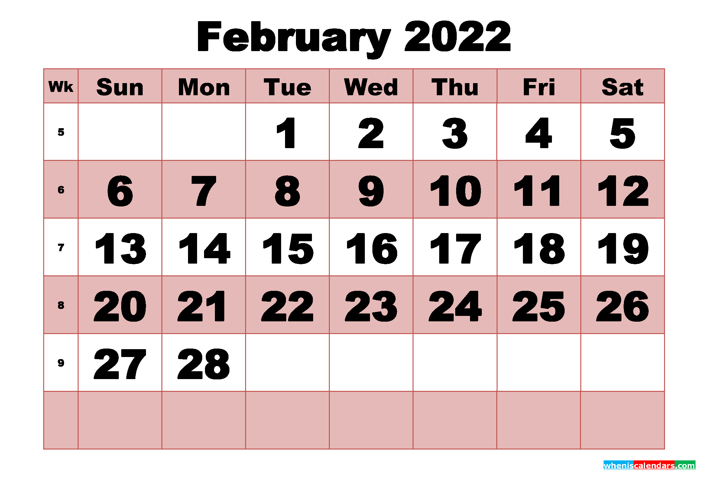 Free Printable Monthly Calendar February 2022