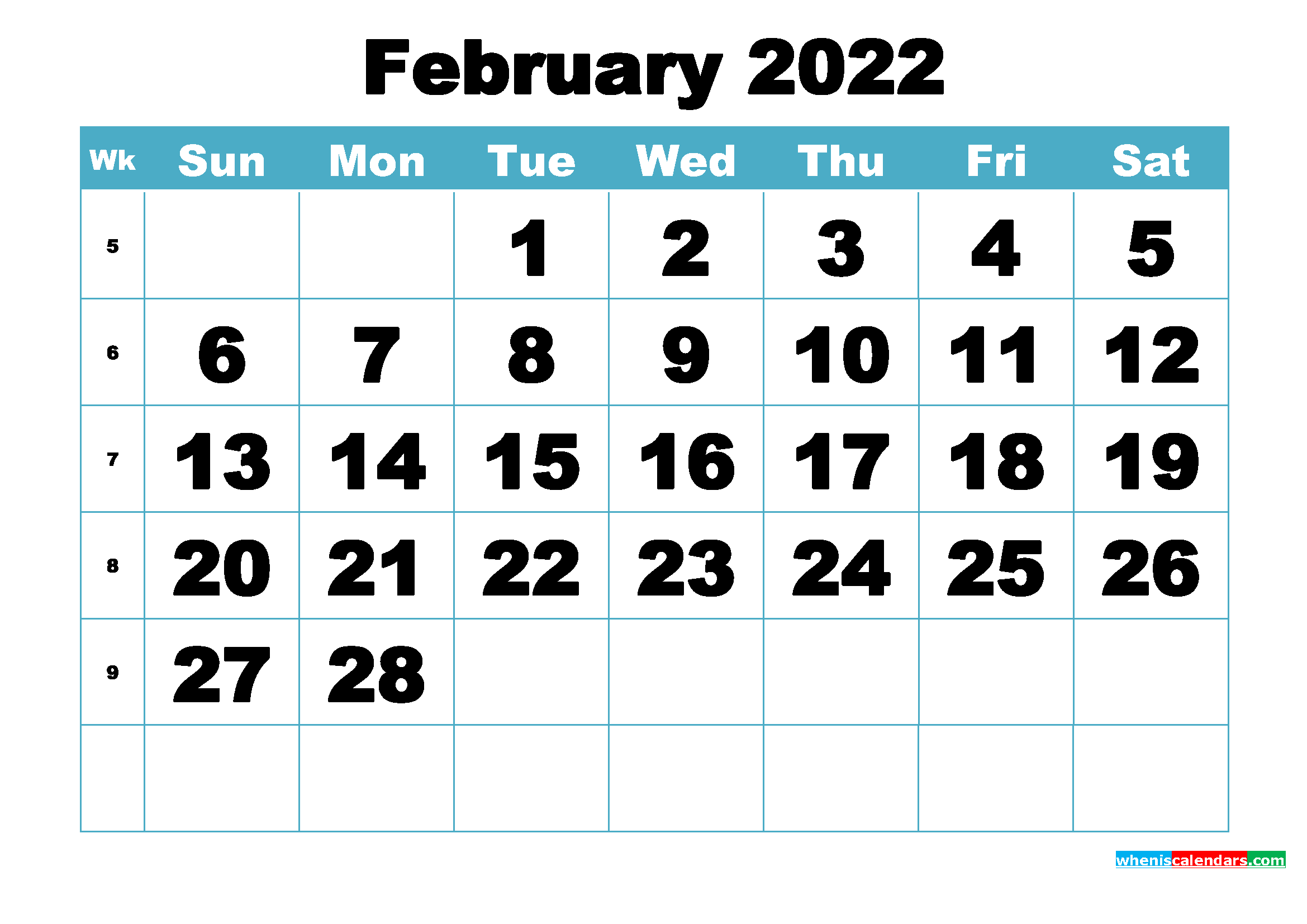 Free February 2022 Printable Monthly Calendar Template