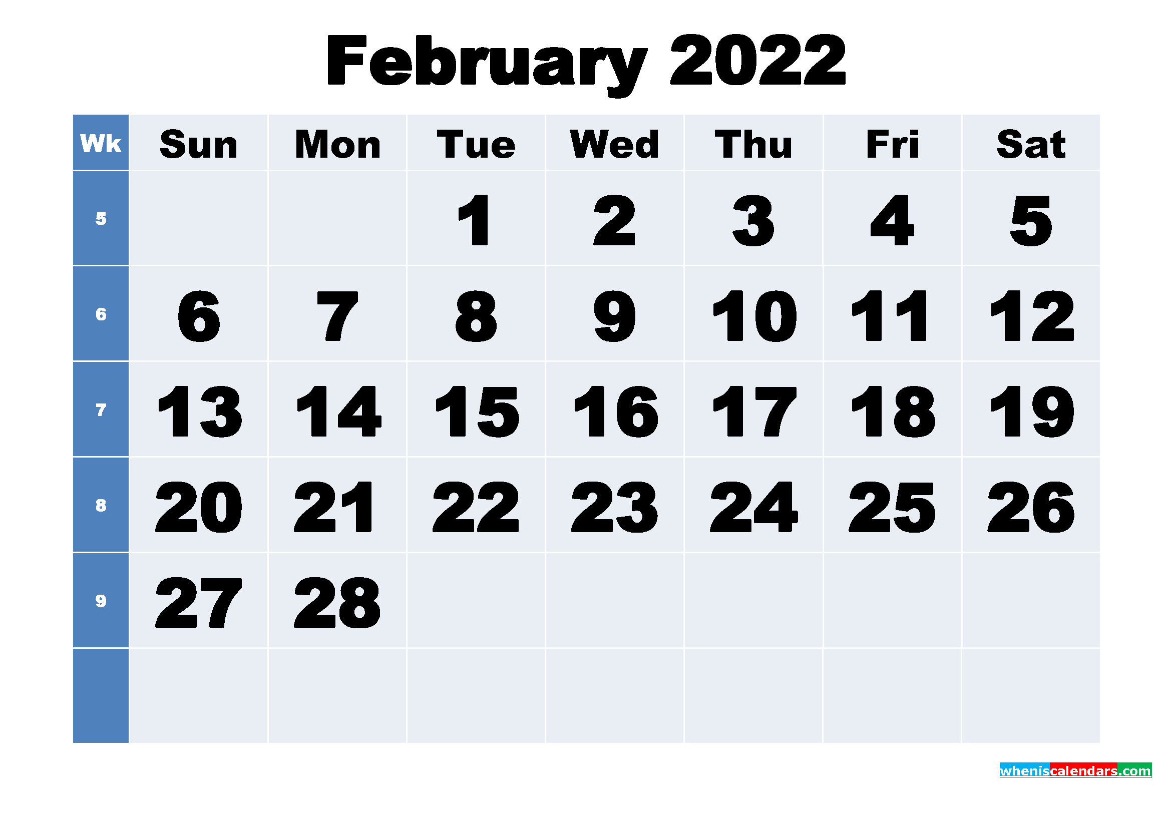 Free Printable February 2022 Calendar with Week Numbers