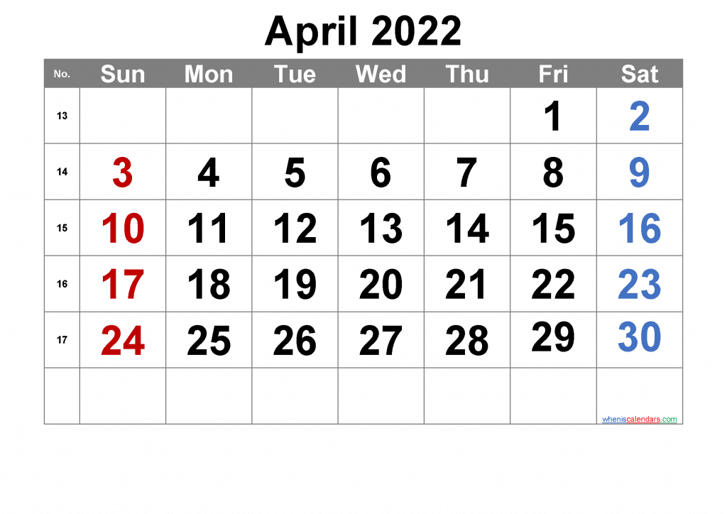 Free Printable April 2022 Calendar Free Printable 2022 Monthly Calendar with Holidays as PDF and high resolution PNG image