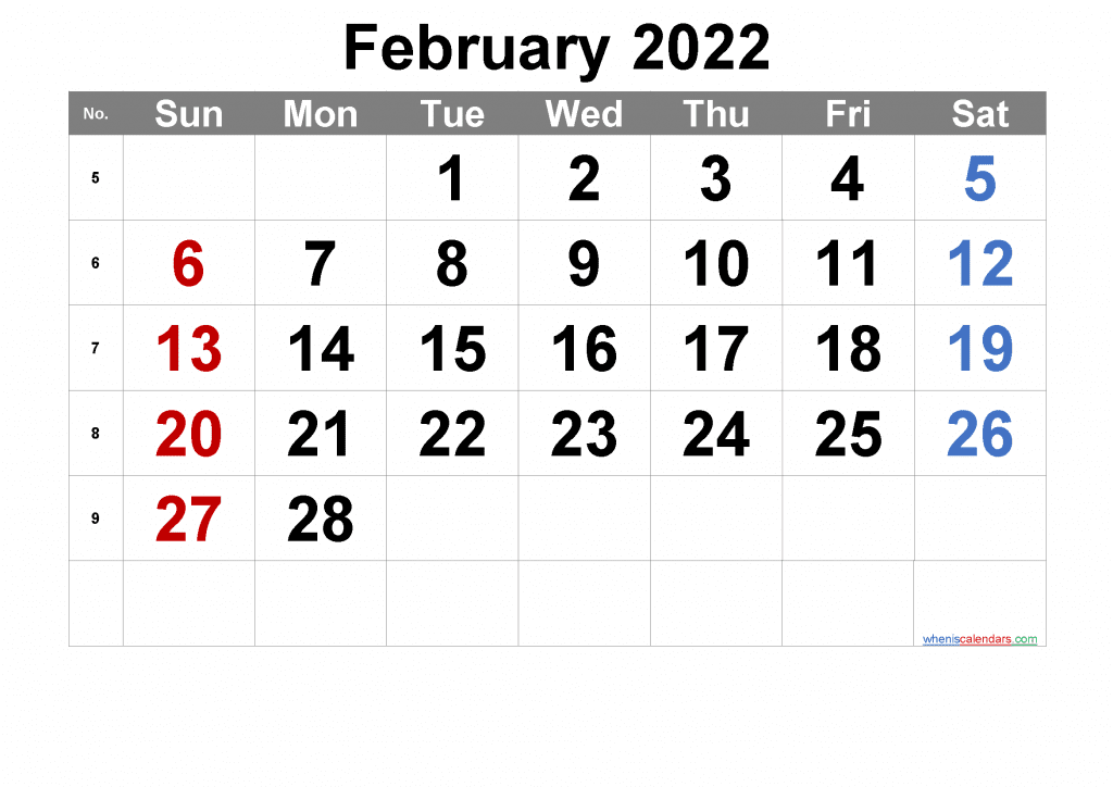 Free Printable February 2022 Calendar as PDF and high resolution PNG image