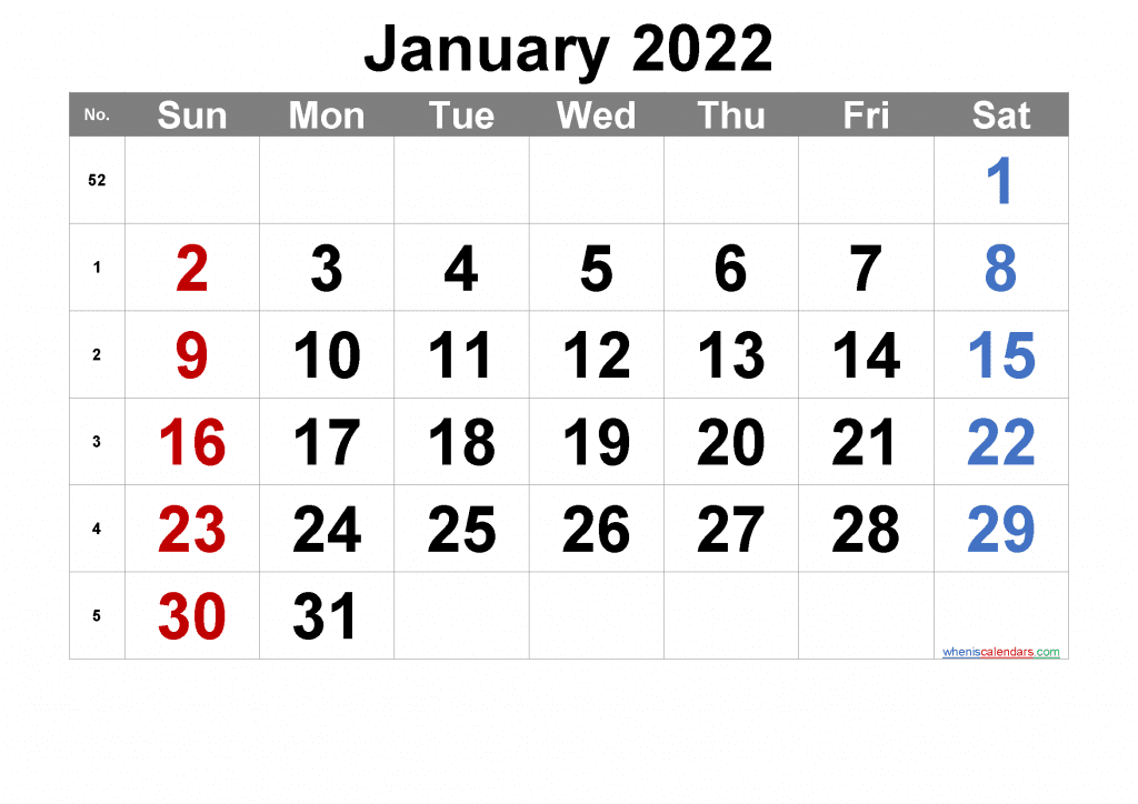 Free Printable January 2022 Calendar as PDF and high resolution PNG image