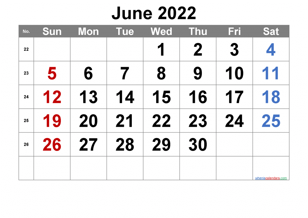 Download Free June 2022 Calendar Printable with Holidays and Week Numbers as PDF and high resolution PNG Image