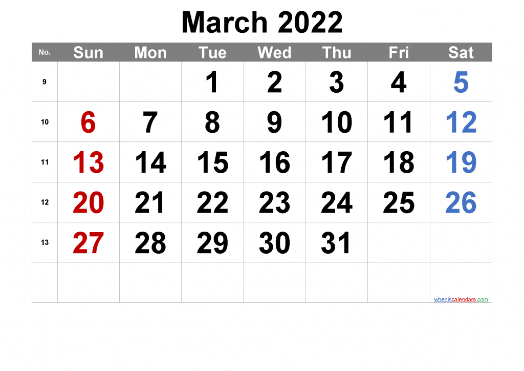 Free Printable March 2022 Calendar Free Printable 2022 Monthly Calendar with Holidays as PDF and high resolution PNG image