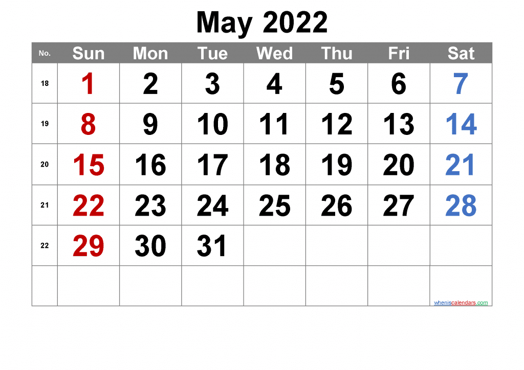 Free Printable May 2022 Calendar as PDF and high resolution PNG image
