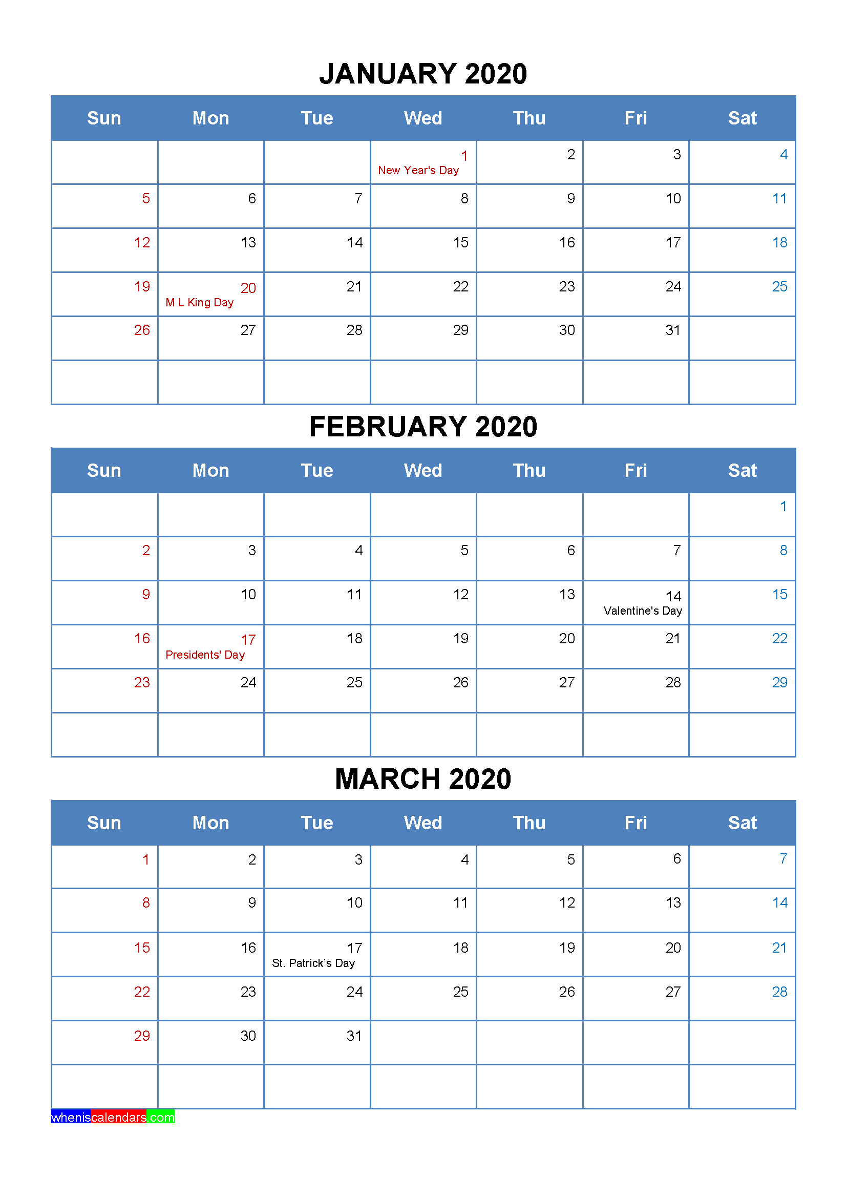 Free Printable January February March 2020 Calendar With Holidays As