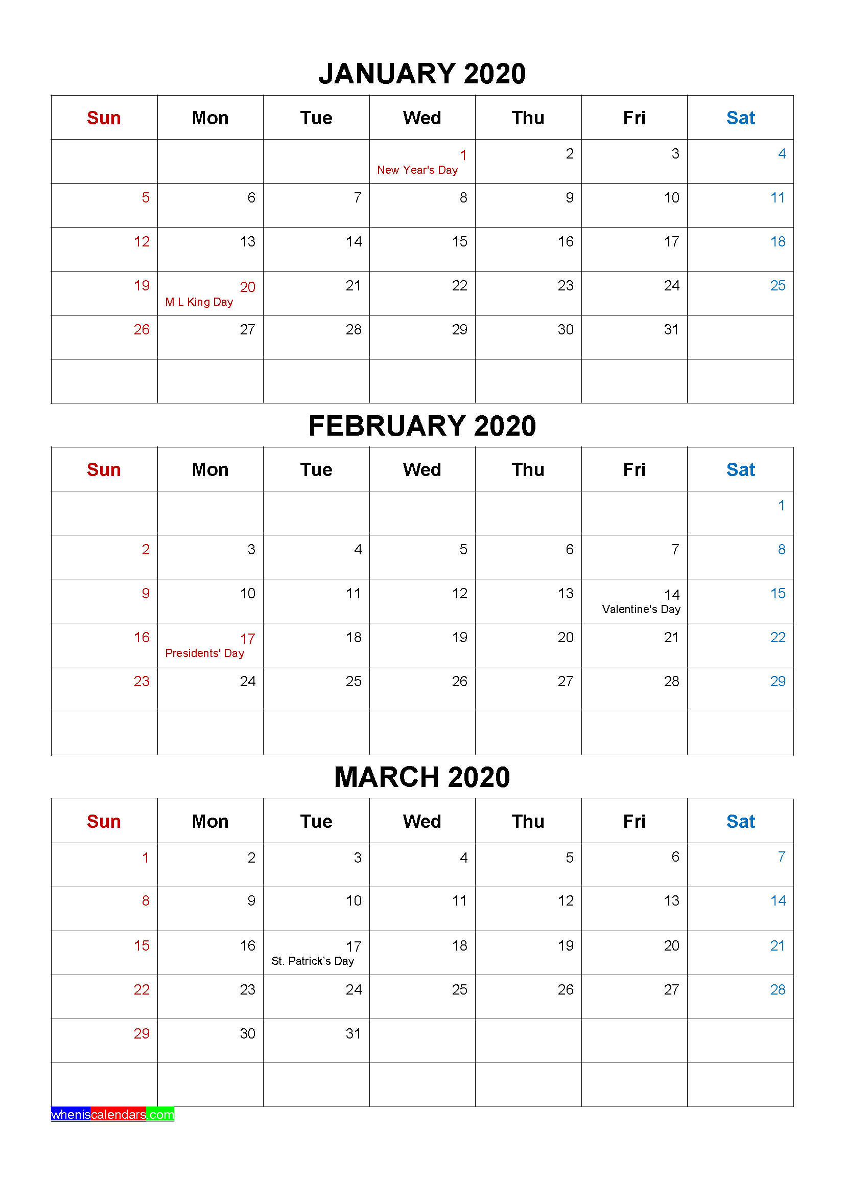 Free January February March 2020 Calendar with Holidays