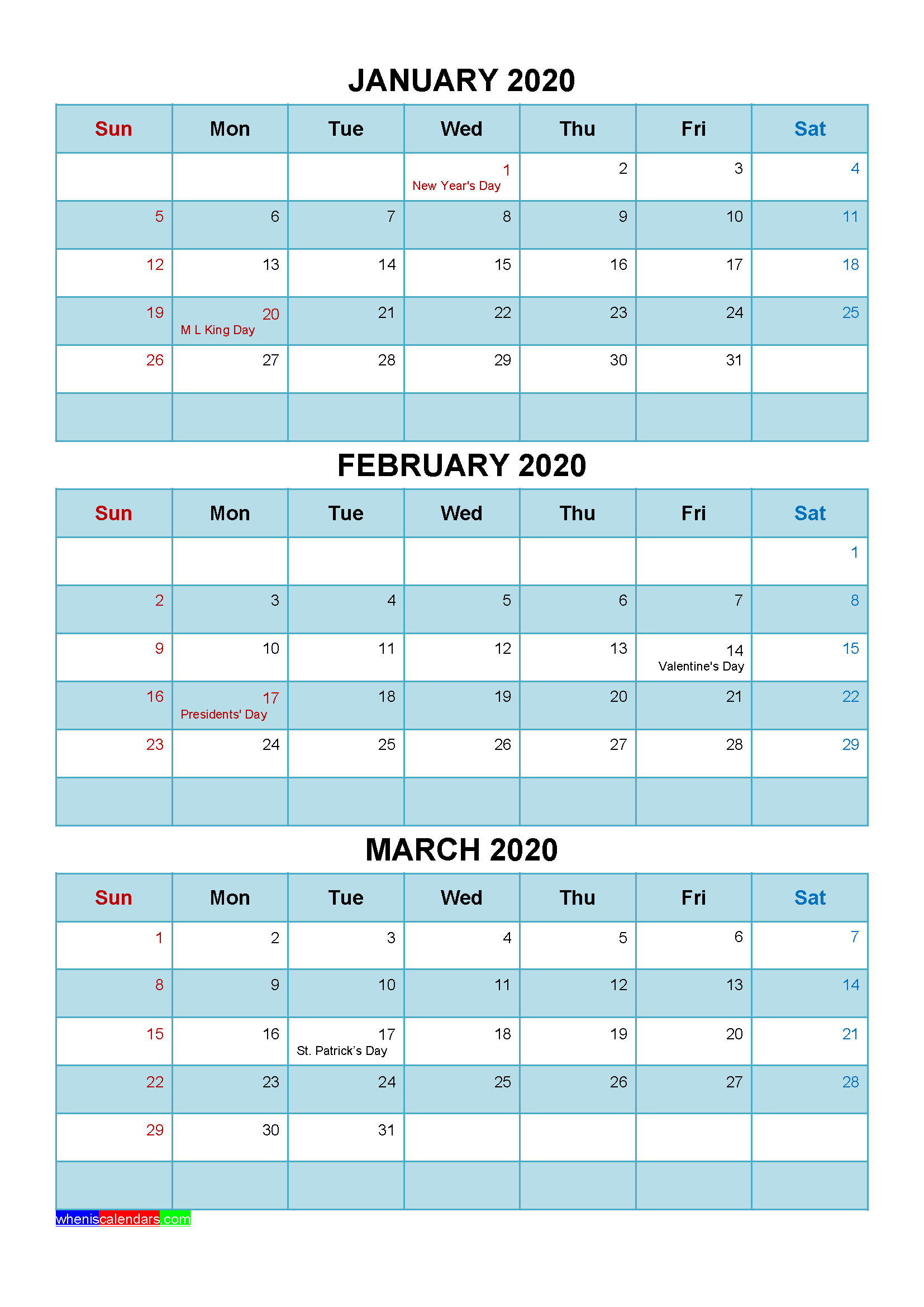 Free January February March 2020 Calendar with Holidays