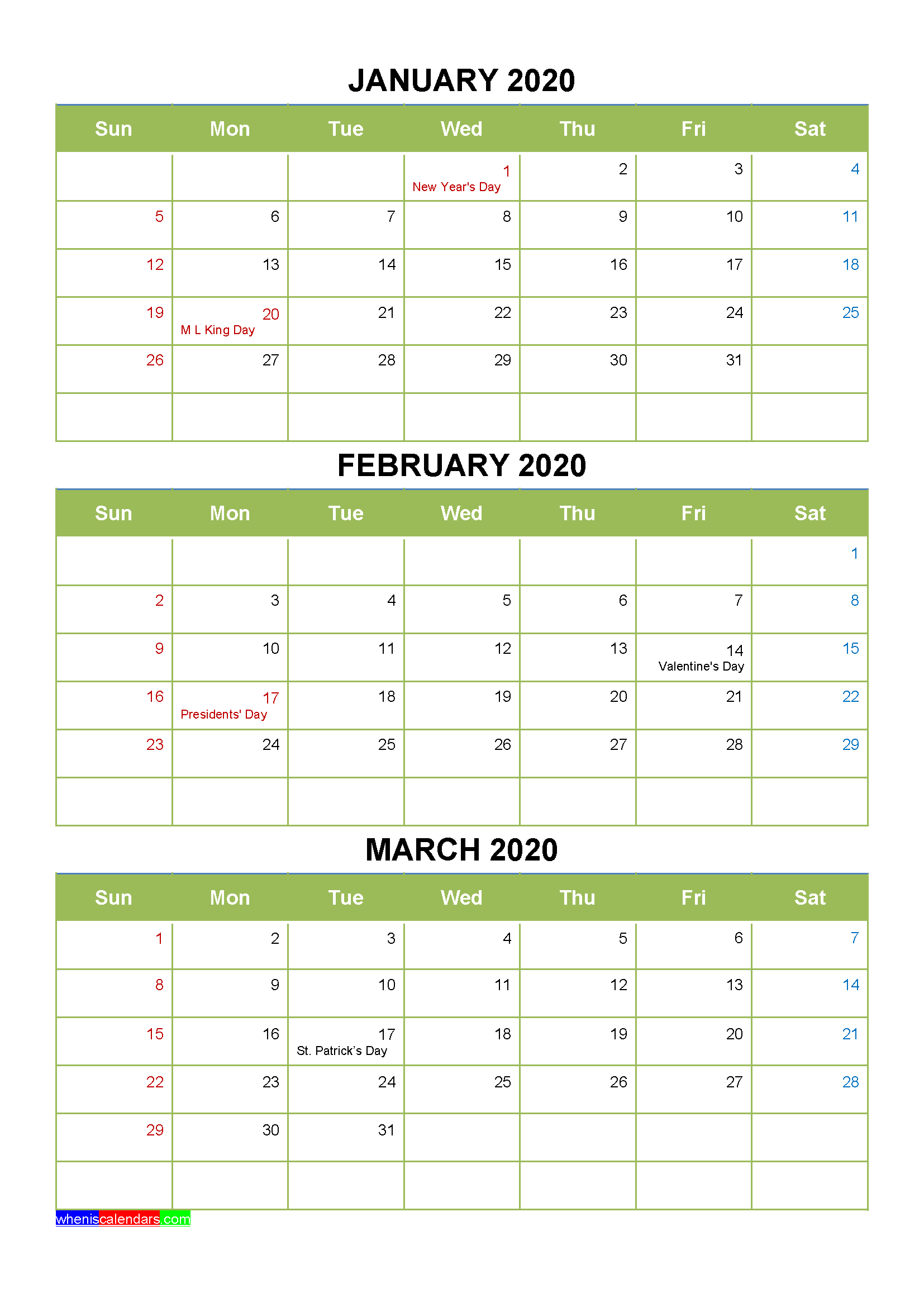 Printable January February March 2020 Calendar with Holidays