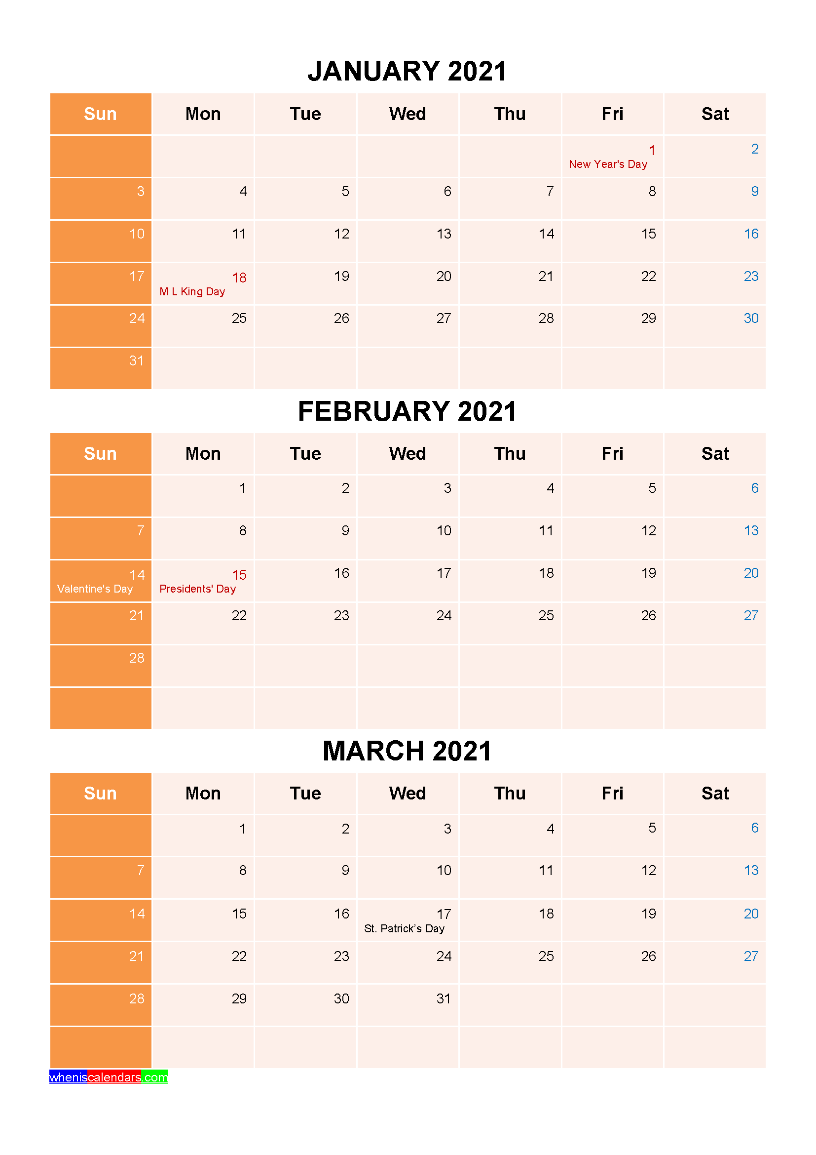 Free Printable January February March 2021 Calendar with Holidays as Word, PDF