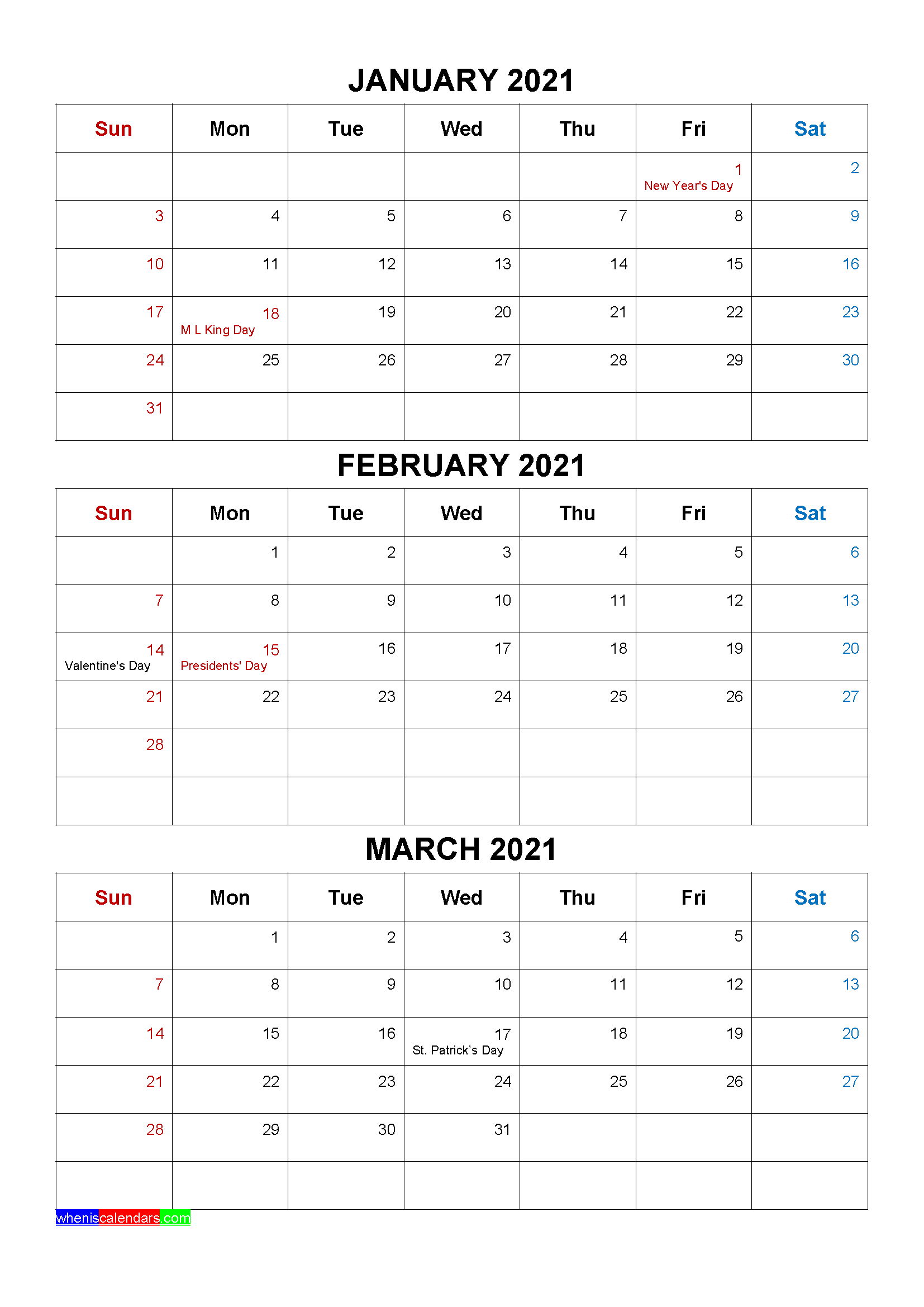 Free January February March 2021 Calendar with Holidays