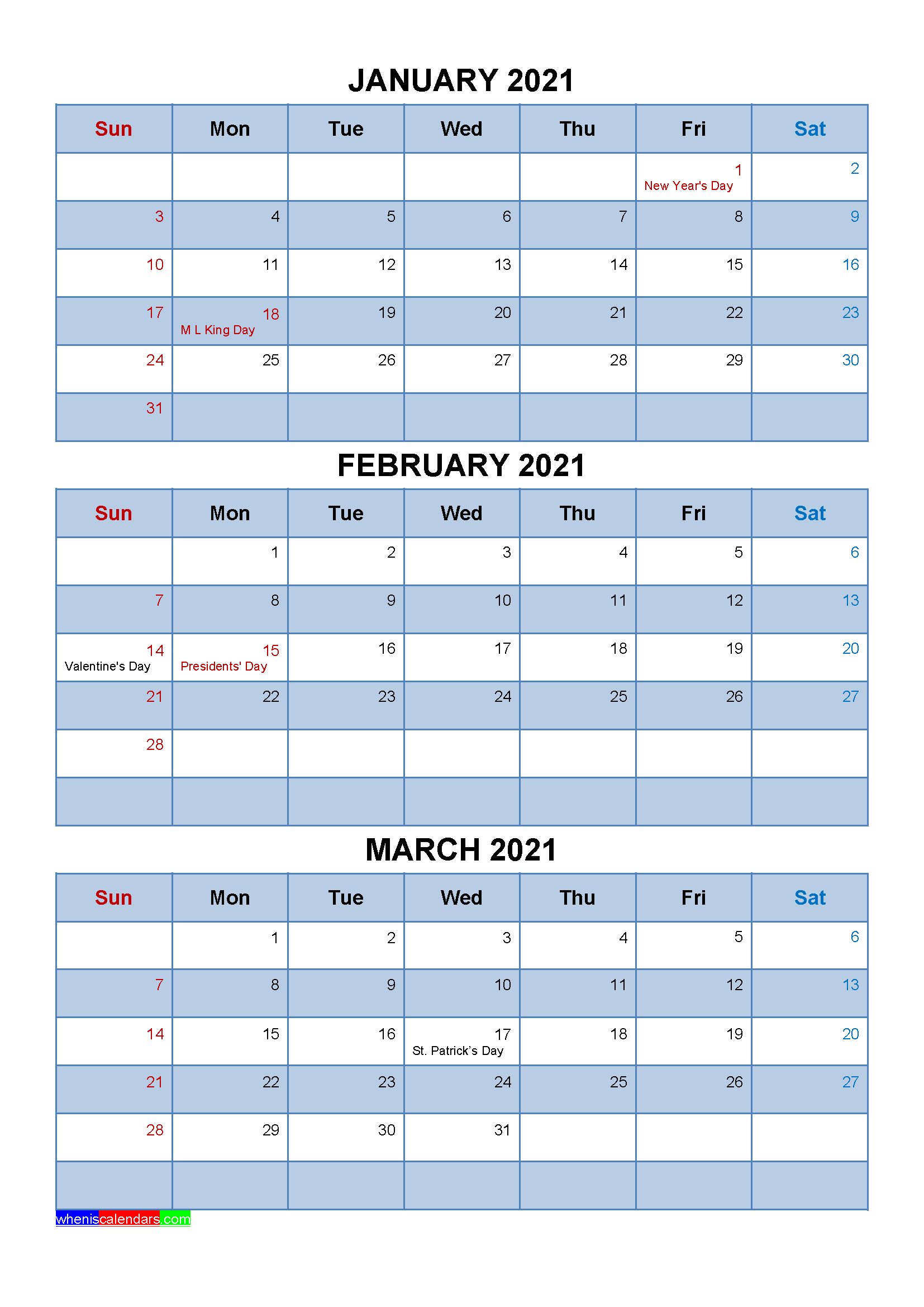 Free Calendar January February March 2021 with Holidays