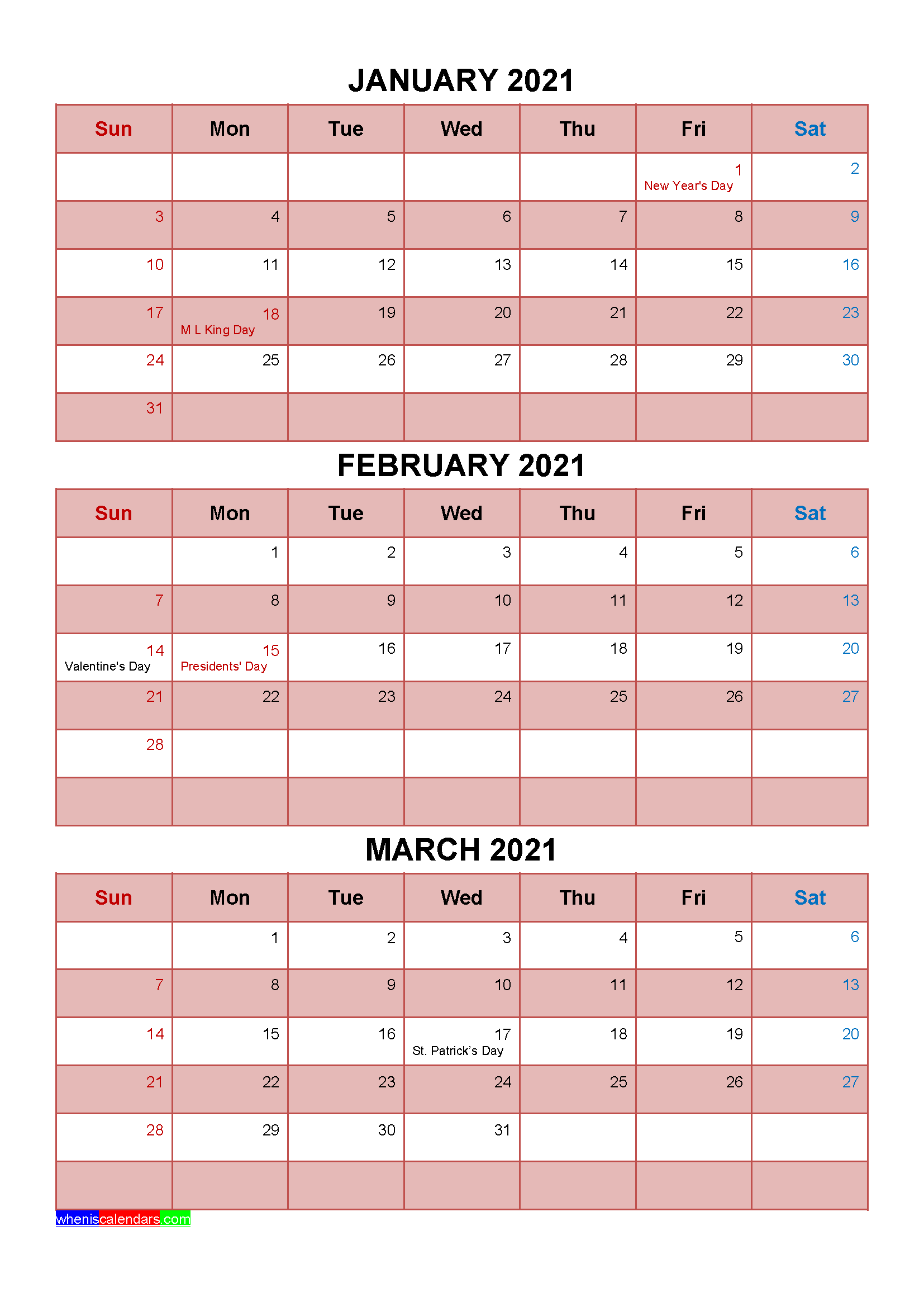 Printable January February March 2021 Calendar Word, PDF