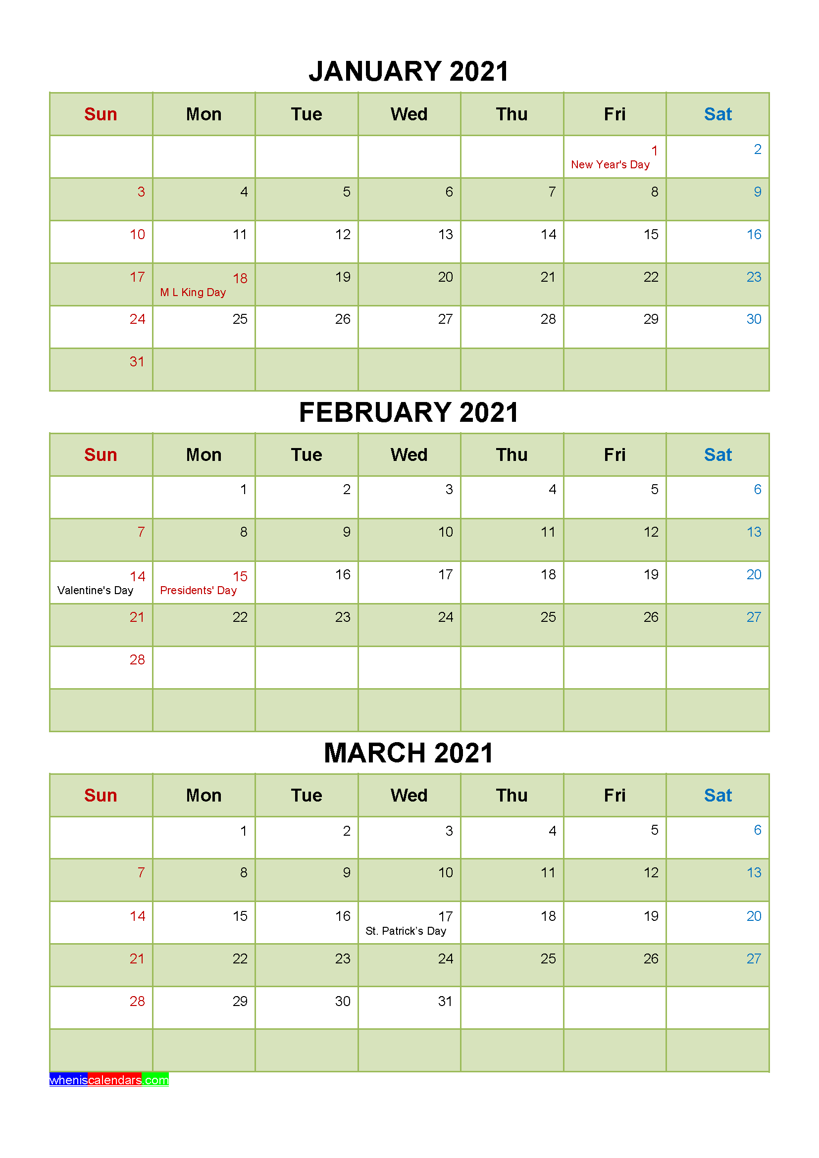 January February March 2021 Calendar with Holidays Word, PDF
