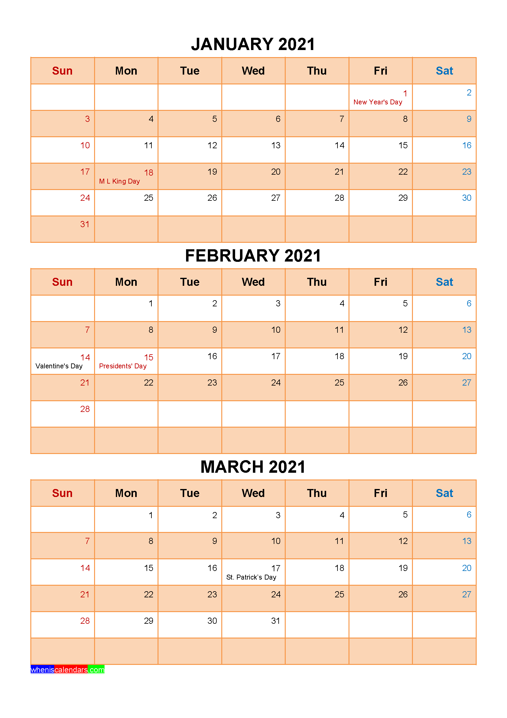 Free Printable January February March 2021 Calendar 3 Months 1 Page