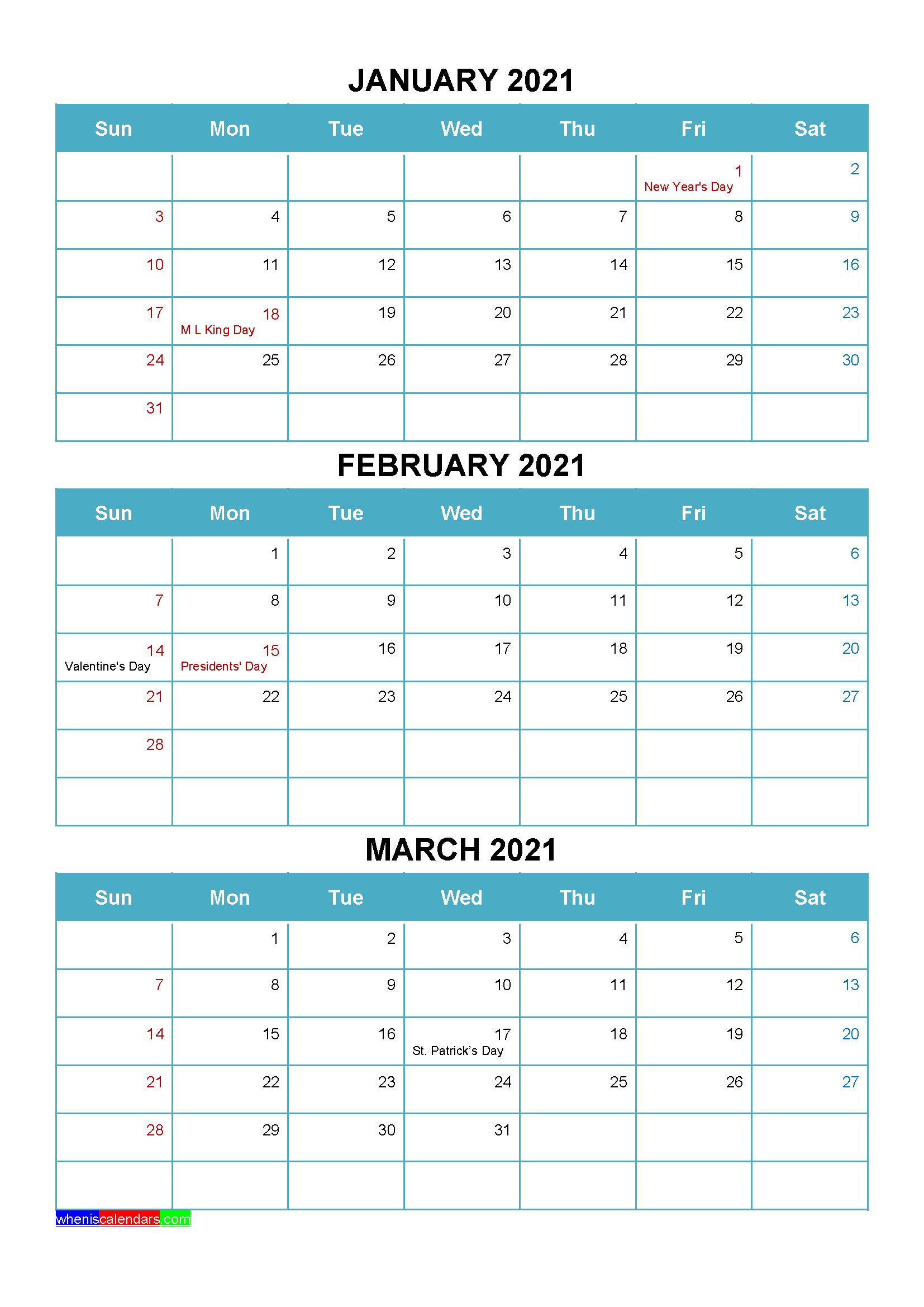 Printable January February March 2021 Calendar Word, PDF