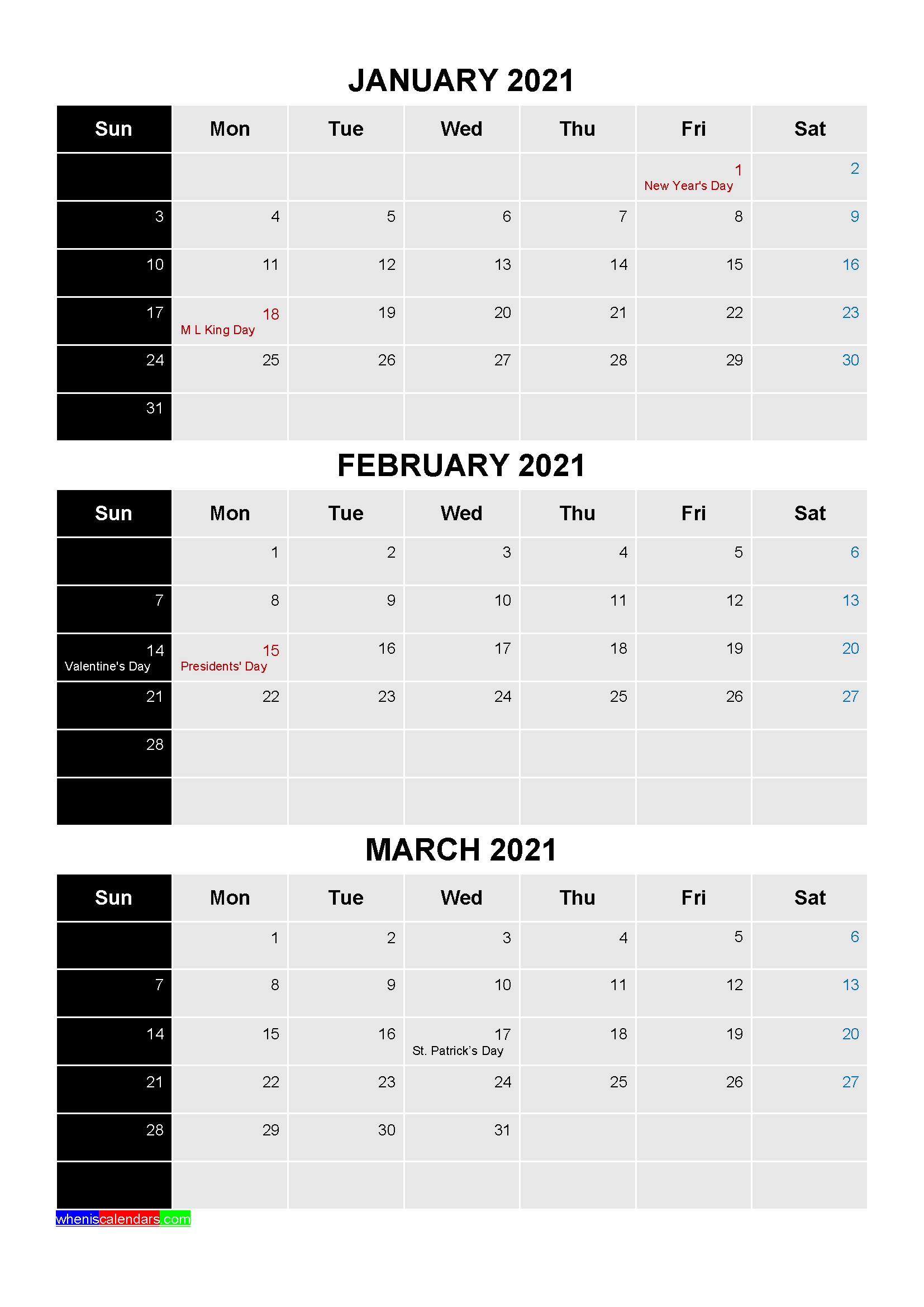 January February March 2021 Calendar with Holidays