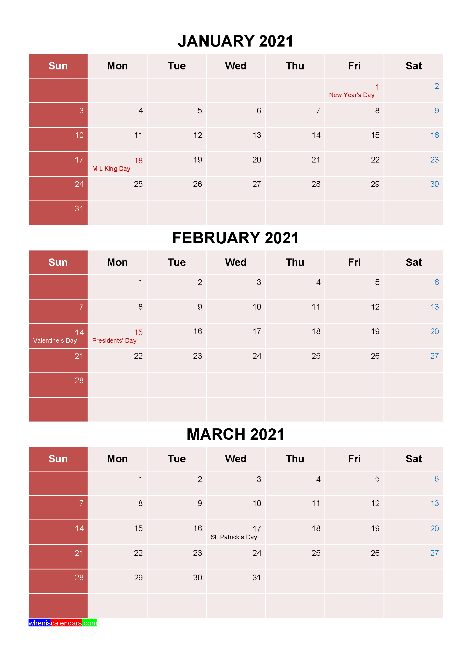Printable January February March 2021 Calendar with Holidays
