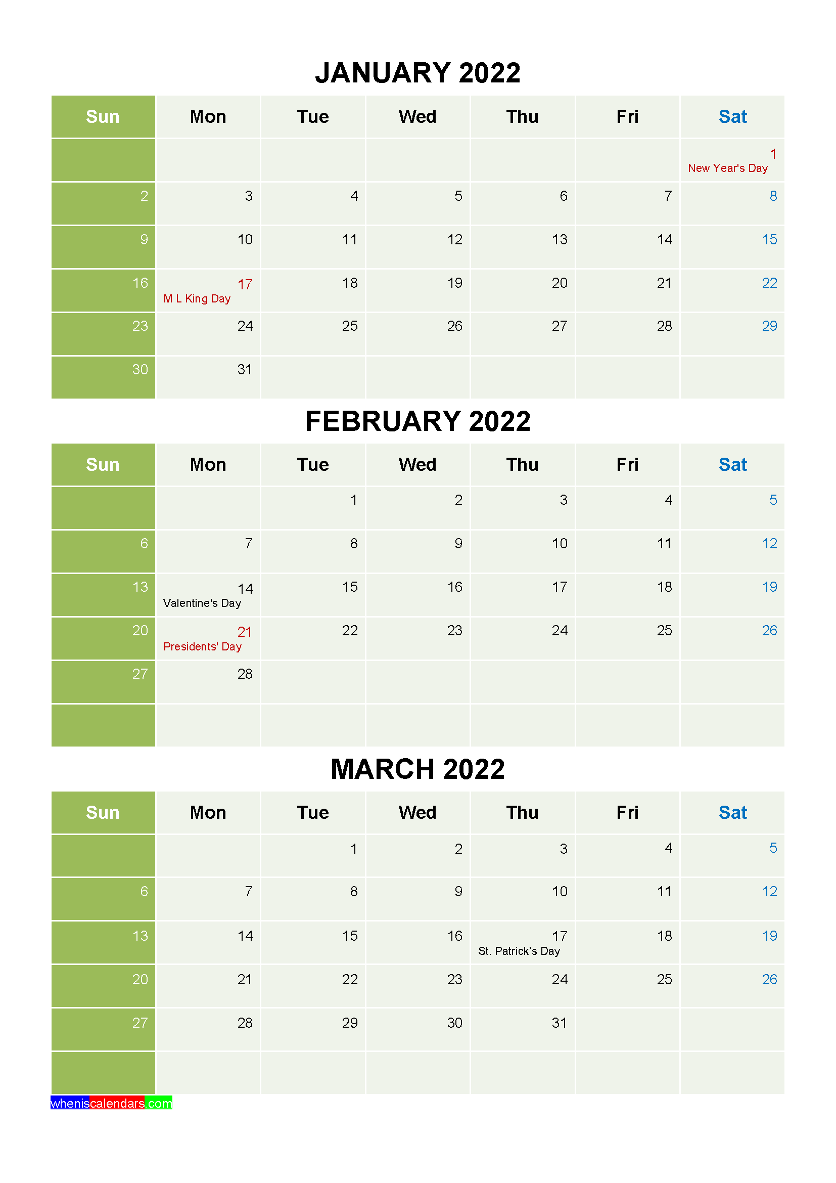 Free January February March 2022 Printable Calendar Template